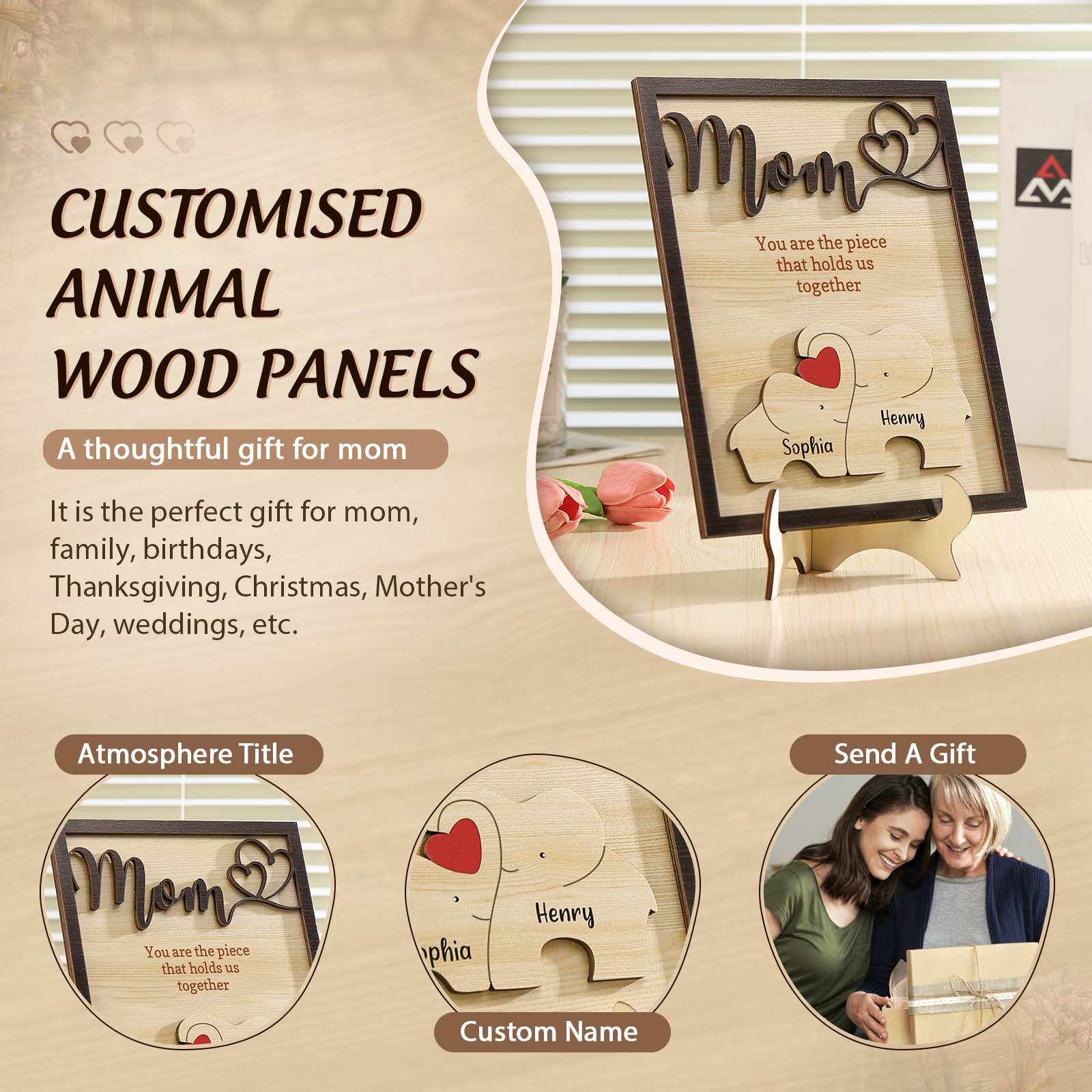 2 Names - Personalized Cute Elephant Style Home Frame Wooden Ornament with Customizable Calling and Text for Mom