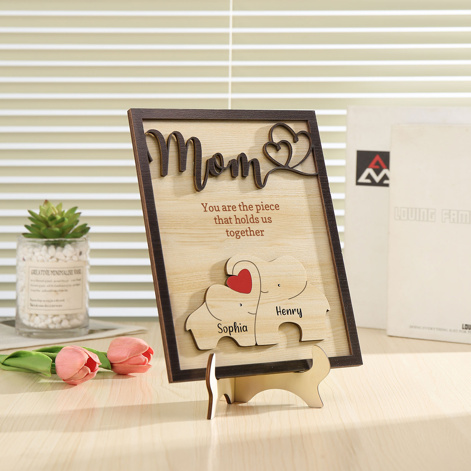 2 Names - Personalized Cute Elephant Style Home Frame Wooden Ornament with Customizable Calling and Text for Mom