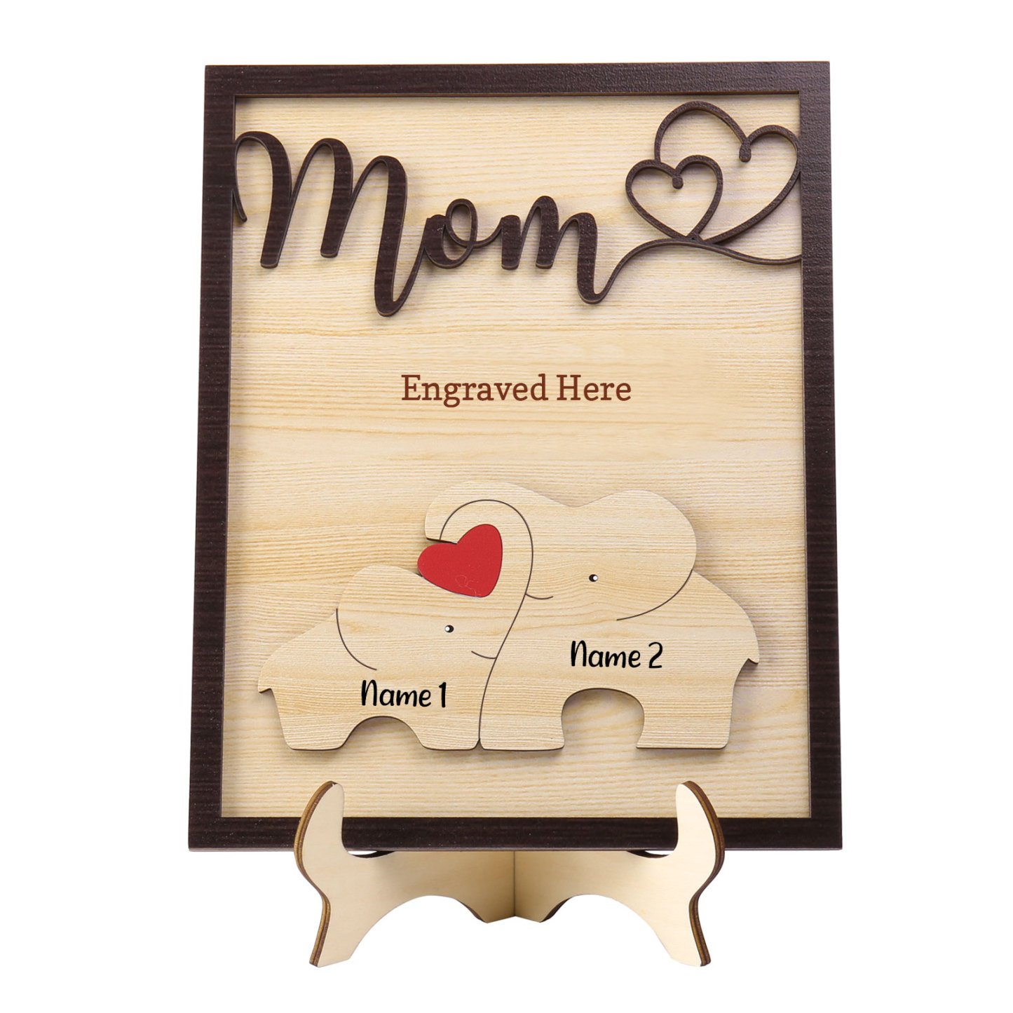 2 Names - Personalized Cute Elephant Style Home Frame Wooden Ornament with Customizable Calling and Text for Mom