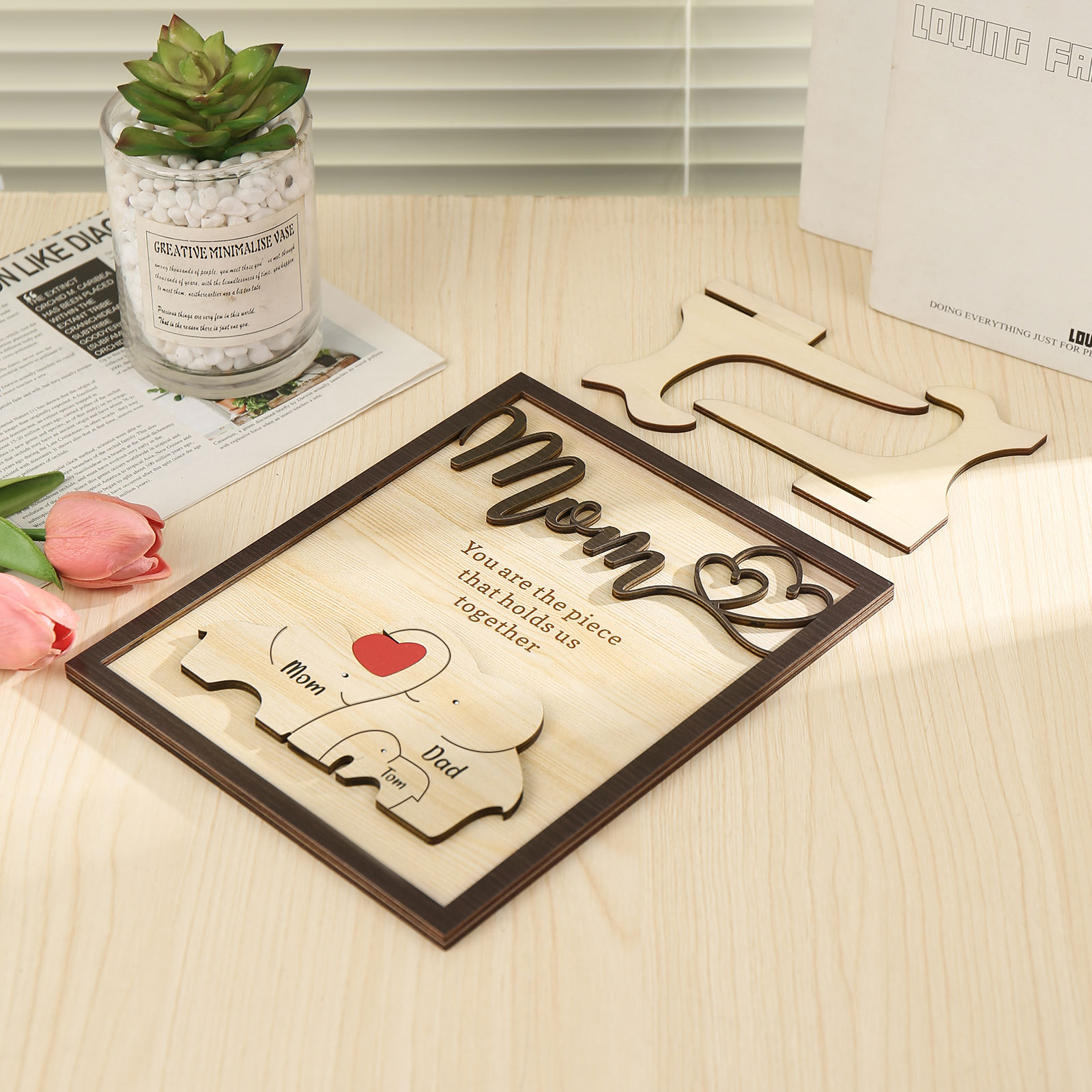 3 Names - Personalized Cute Elephant Style Home Frame Wooden Ornament with Customizable Calling and Text for Mom