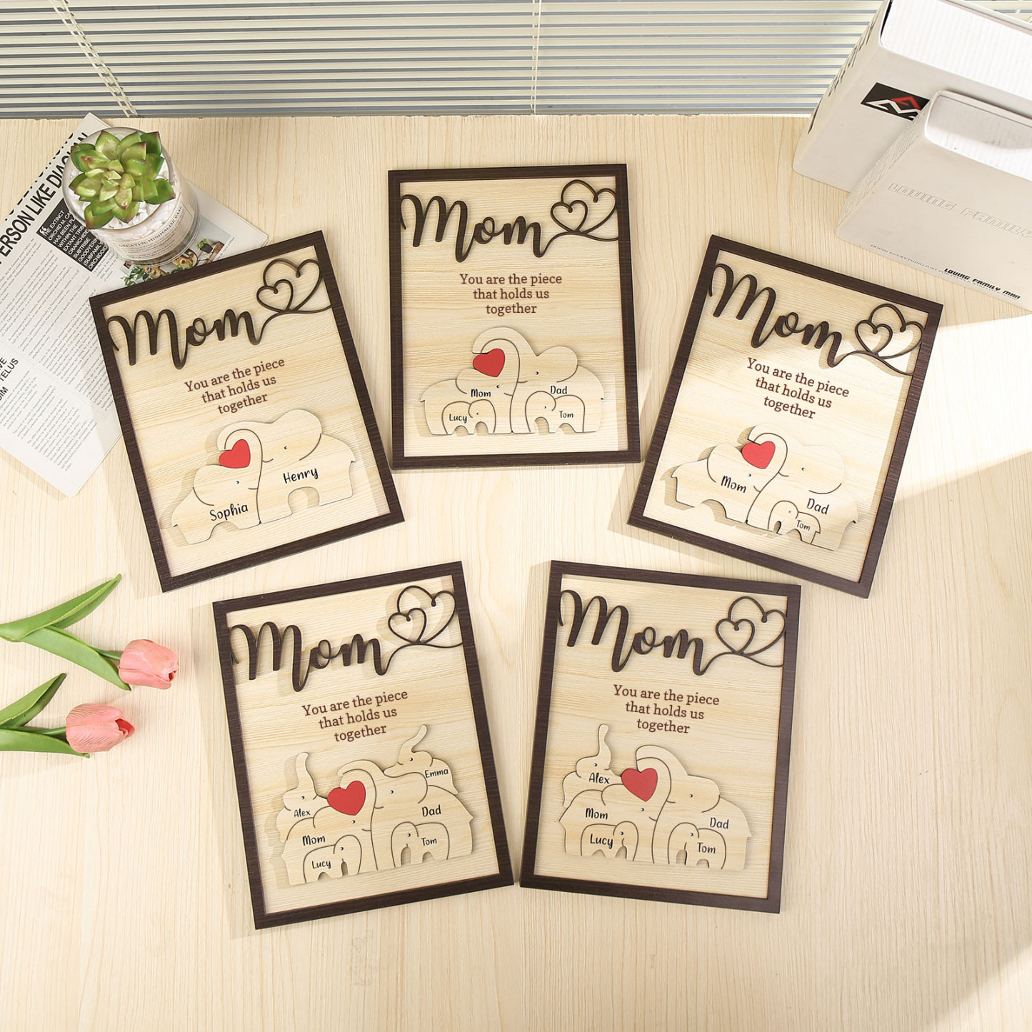 3 Names - Personalized Cute Elephant Style Home Frame Wooden Ornament with Customizable Calling and Text for Mom