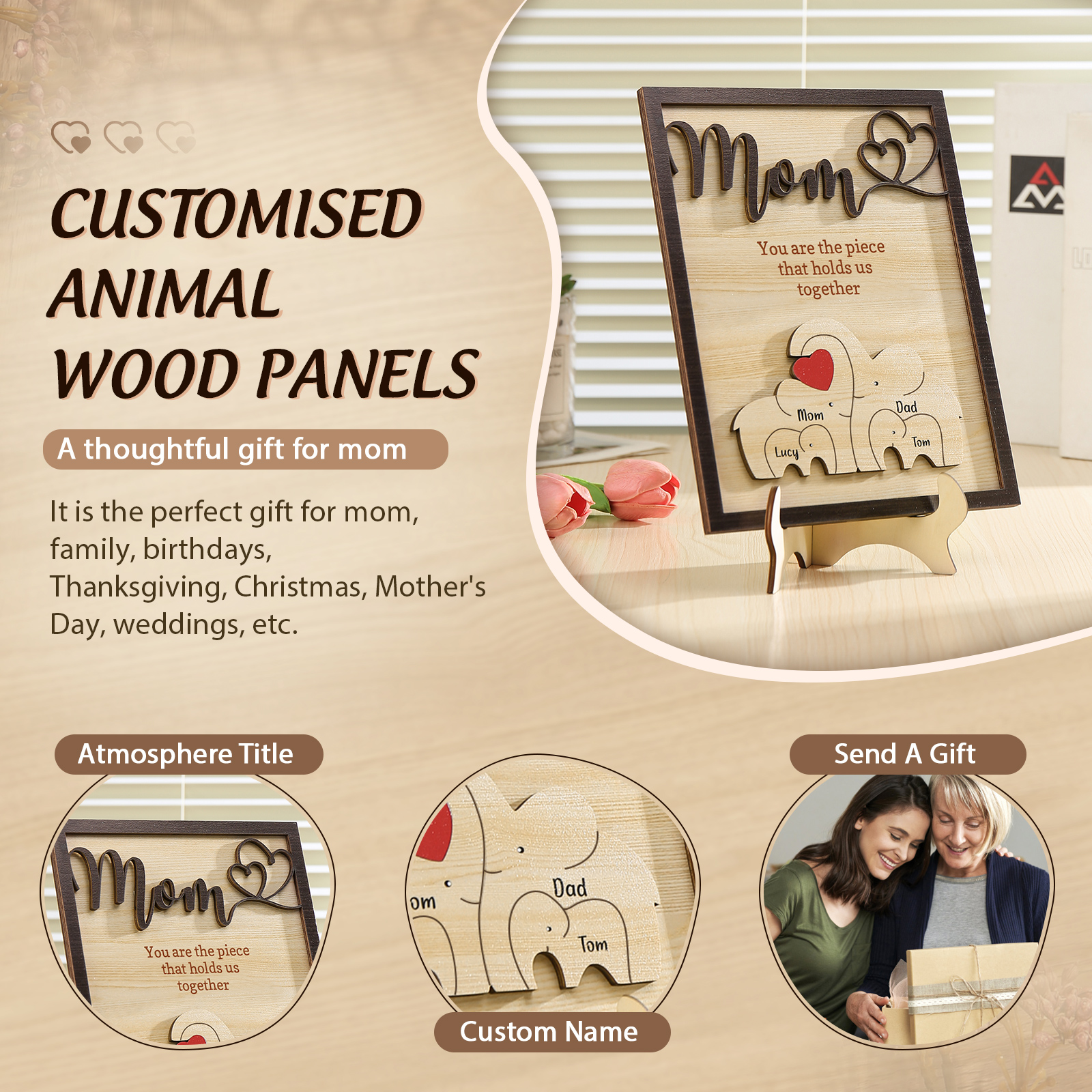 4 Names - Personalized Cute Elephant Style Home Frame Wooden Ornament with Customizable Calling and Text for Mom