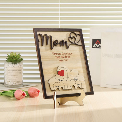 4 Names - Personalized Home Frame Wooden Ornament Cute Elephant Style Customizable Calling and Text Ornament for Mom