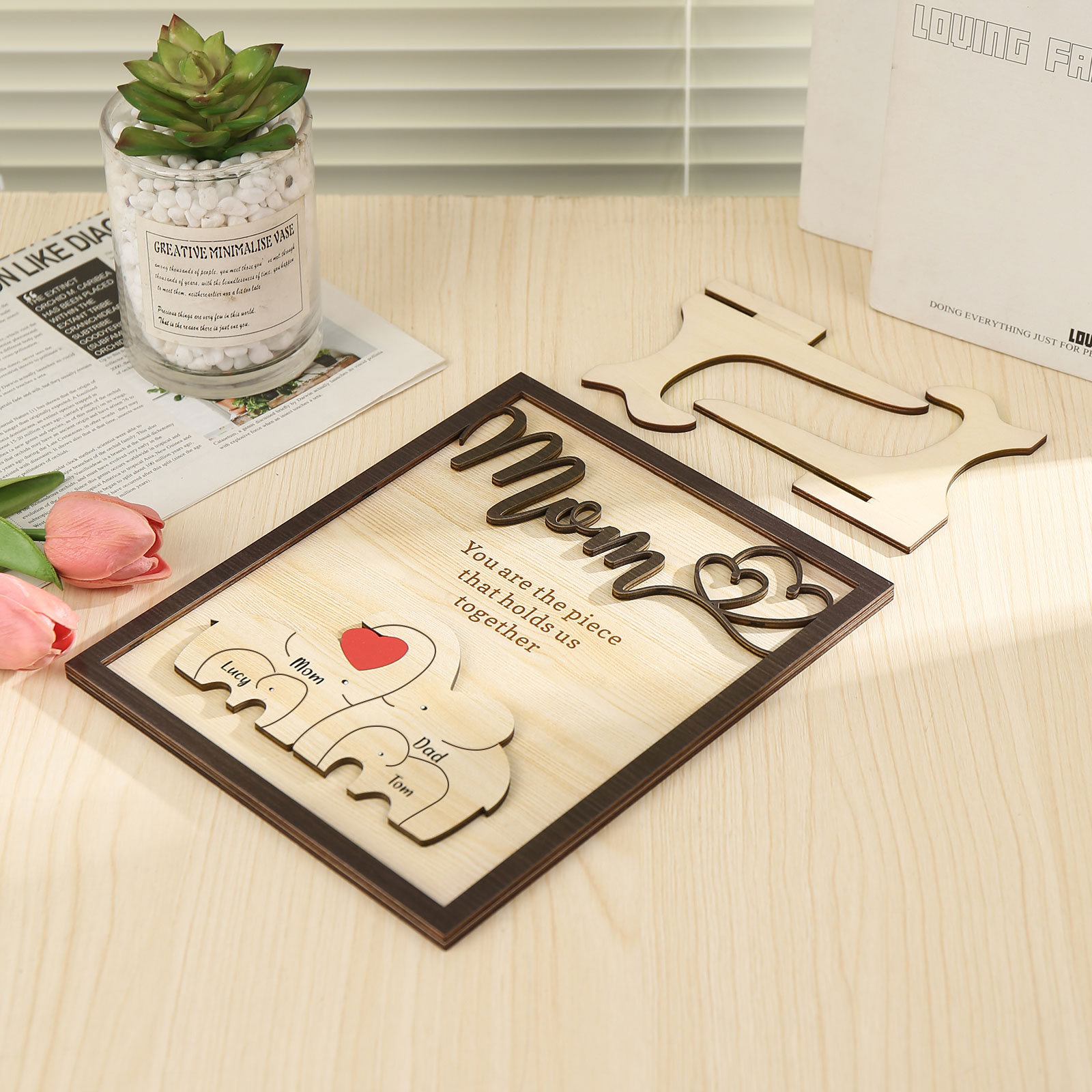 4 Names - Personalized Cute Elephant Style Home Frame Wooden Ornament with Customizable Calling and Text for Mom