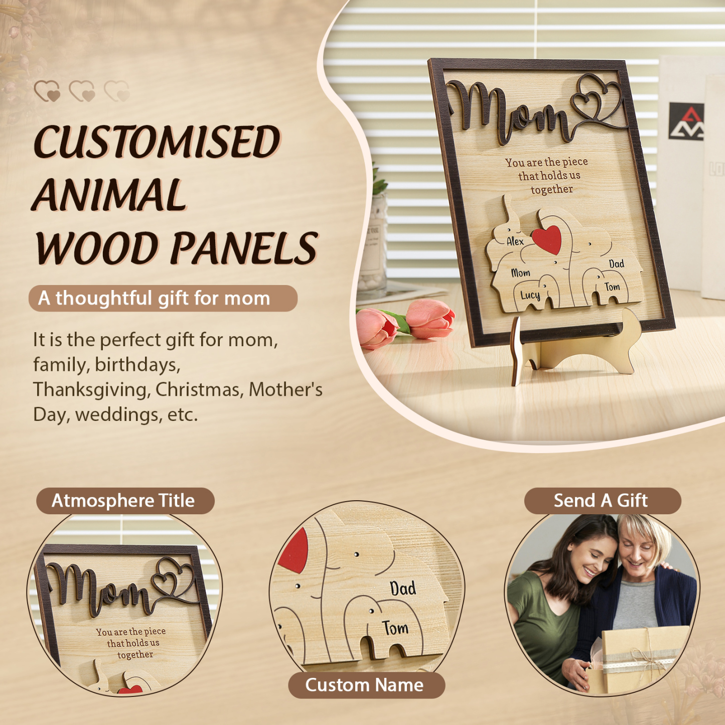 5 Names - Personalized Cute Elephant Style Home Frame Wooden Ornament with Customizable Calling and Text for Mom