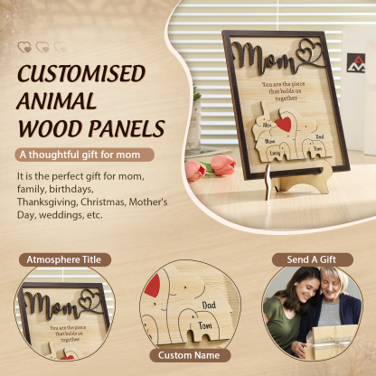 5 Names - Personalized Cute Elephant Style Home Frame Wooden Ornament with Customizable Calling and Text for Mom