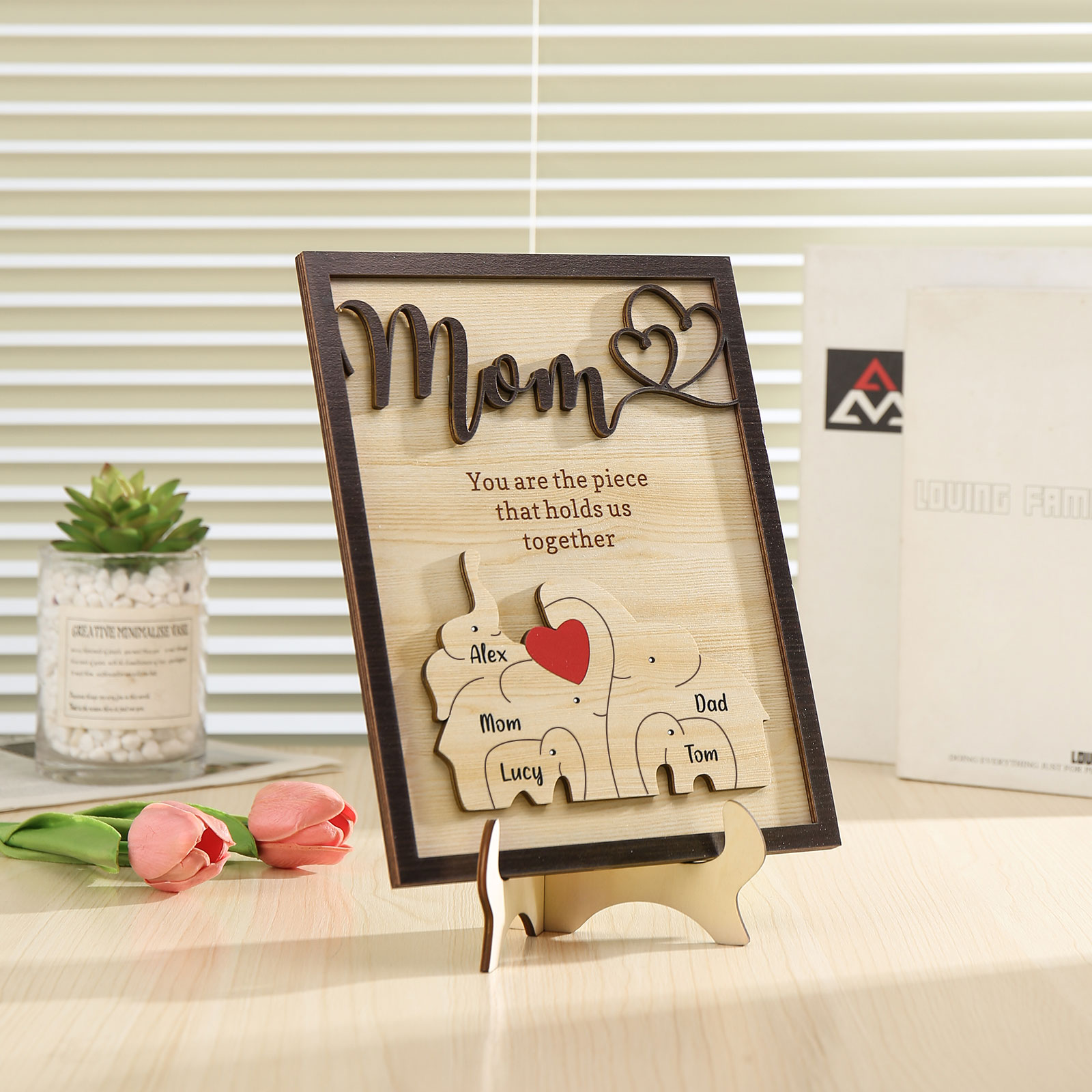 5 Names - Personalized Home Frame Wooden Ornament Cute Elephant Style Customizable Calling and Text Ornament for Mom