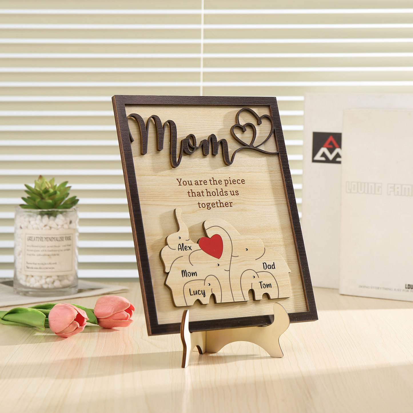 5 Names - Personalized Home Frame Wooden Ornament Cute Elephant Style Customizable Calling and Text Ornament for Mom