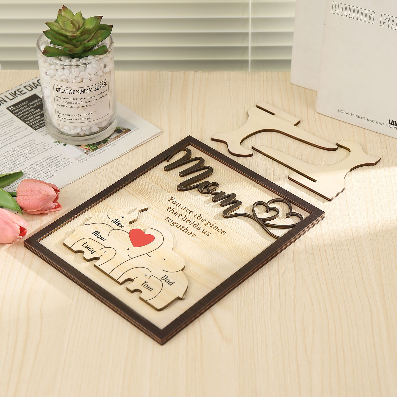 5 Names - Personalized Cute Elephant Style Home Frame Wooden Ornament with Customizable Calling and Text for Mom