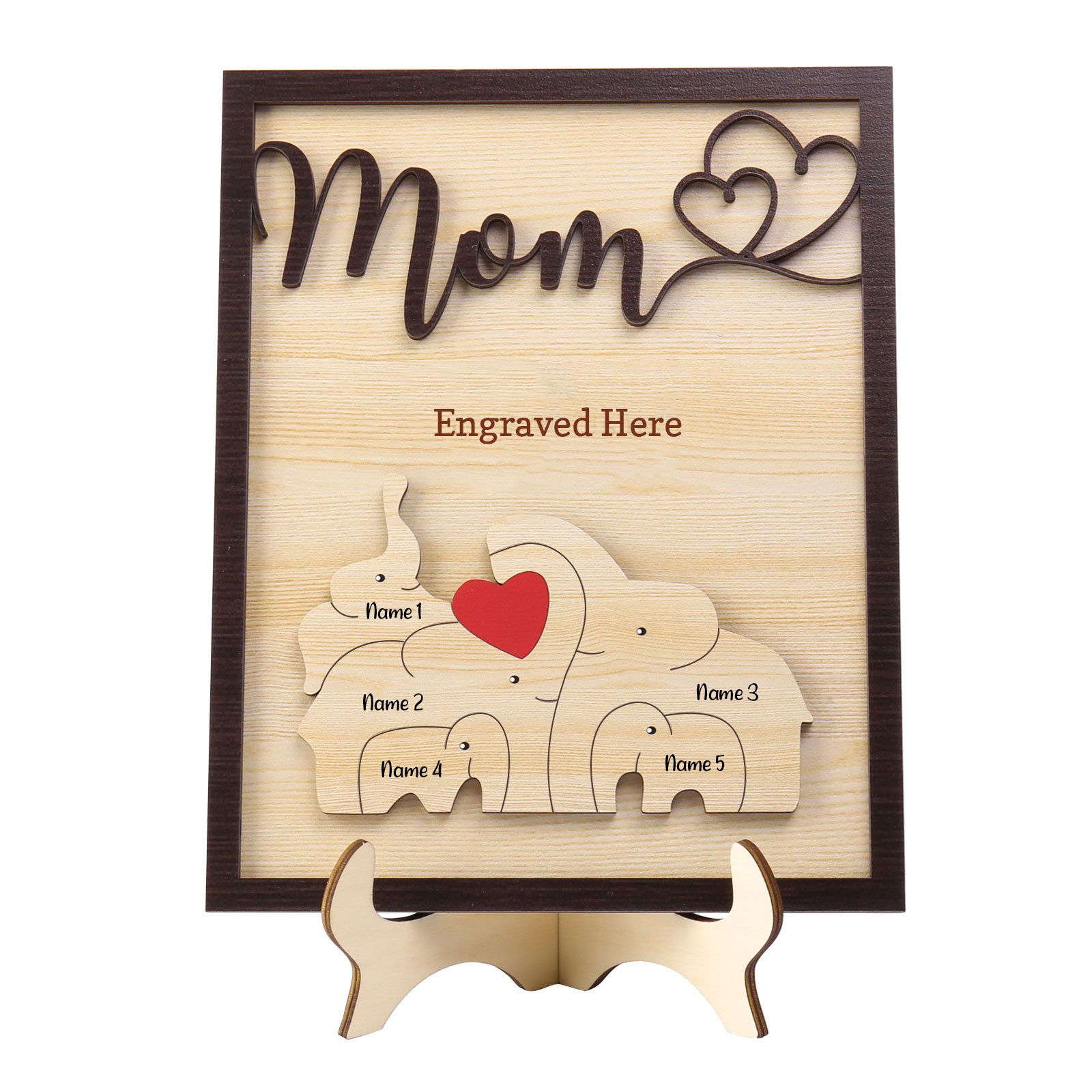 5 Names - Personalized Cute Elephant Style Home Frame Wooden Ornament with Customizable Calling and Text for Mom