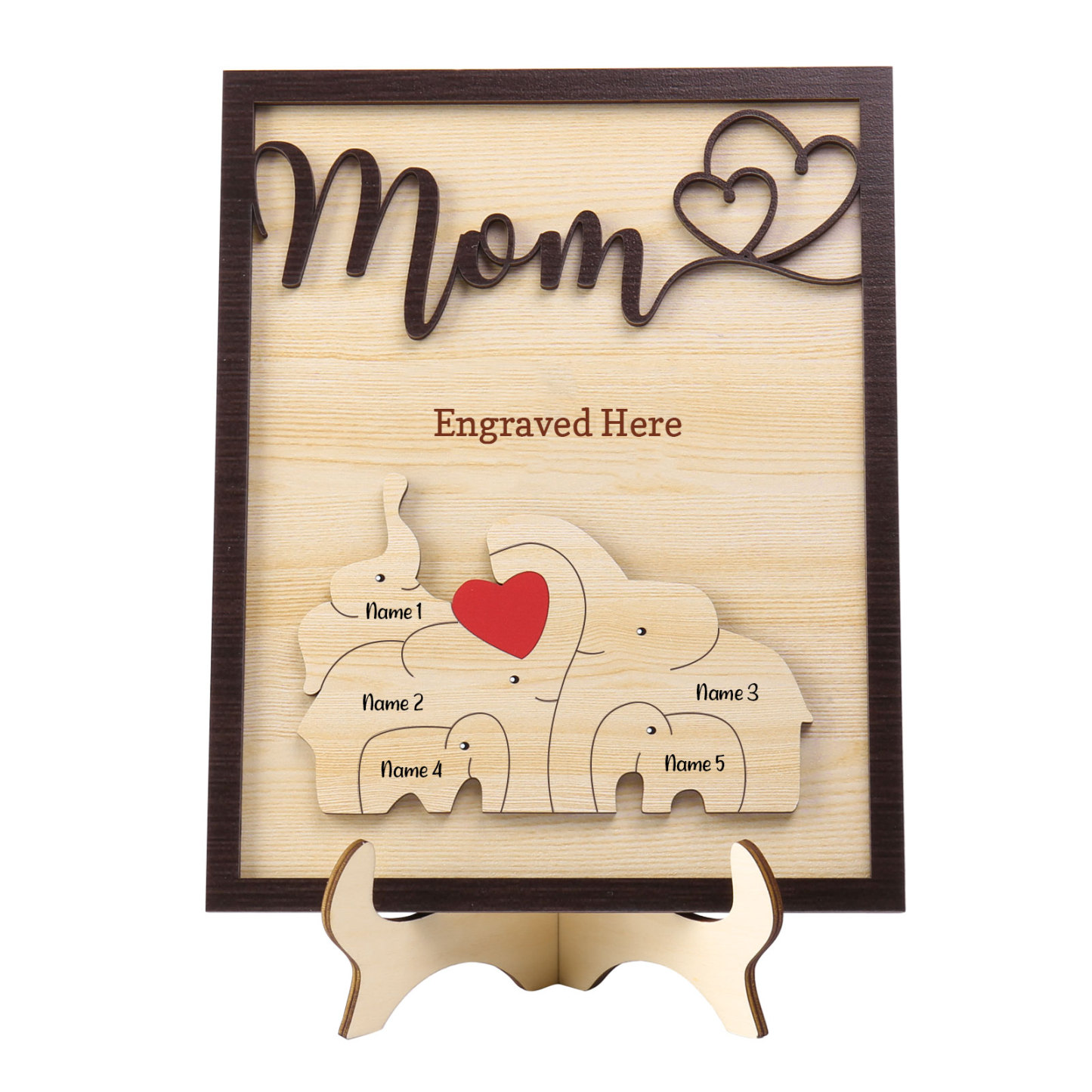 5 Names - Personalized Cute Elephant Style Home Frame Wooden Ornament with Customizable Calling and Text for Mom