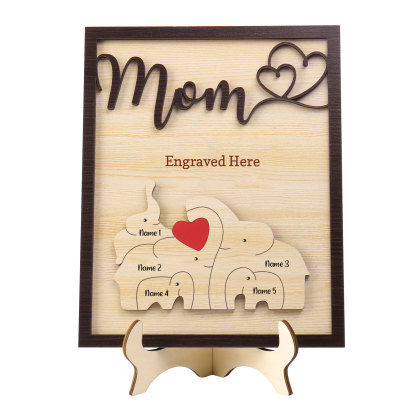 5 Names - Personalized Cute Elephant Style Home Frame Wooden Ornament with Customizable Calling and Text for Mom