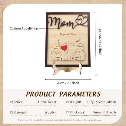 6 Names - Personalized Cute Elephant Style Home Frame Wooden Ornament with Customizable Calling and Text for Mom