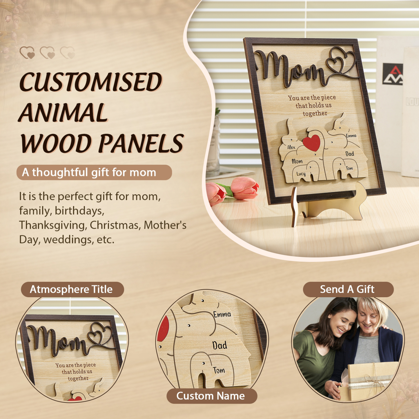 6 Names - Personalized Cute Elephant Style Home Frame Wooden Ornament with Customizable Calling and Text for Mom