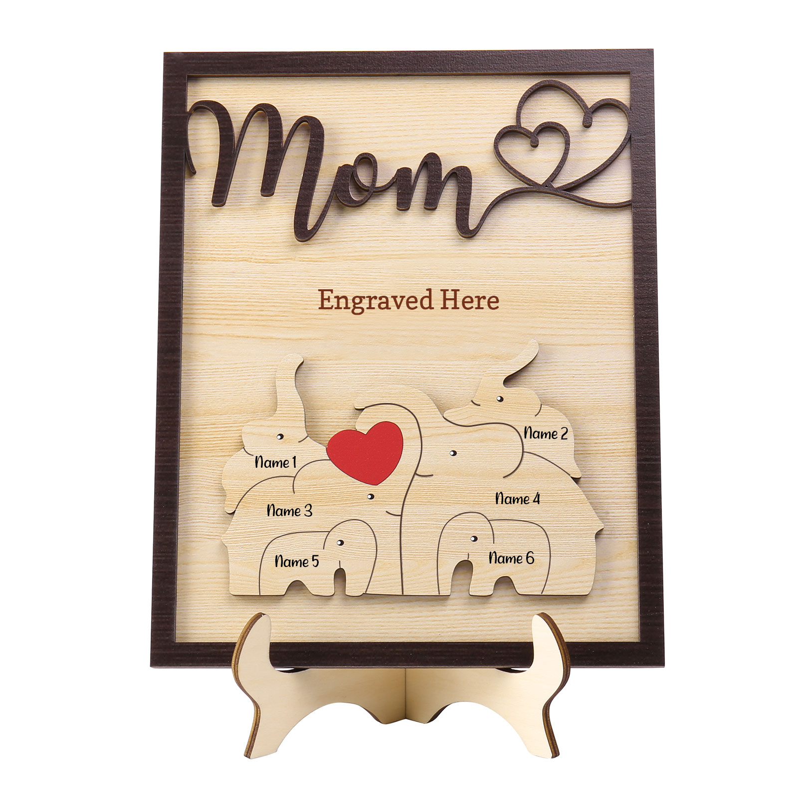 6 Names - Personalized Cute Elephant Style Home Frame Wooden Ornament with Customizable Calling and Text for Mom