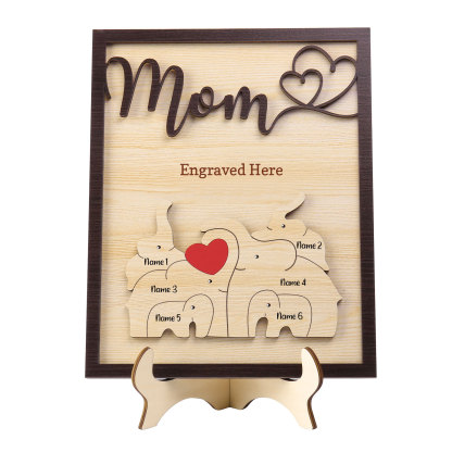 6 Names - Personalized Cute Elephant Style Home Frame Wooden Ornament with Customizable Calling and Text for Mom