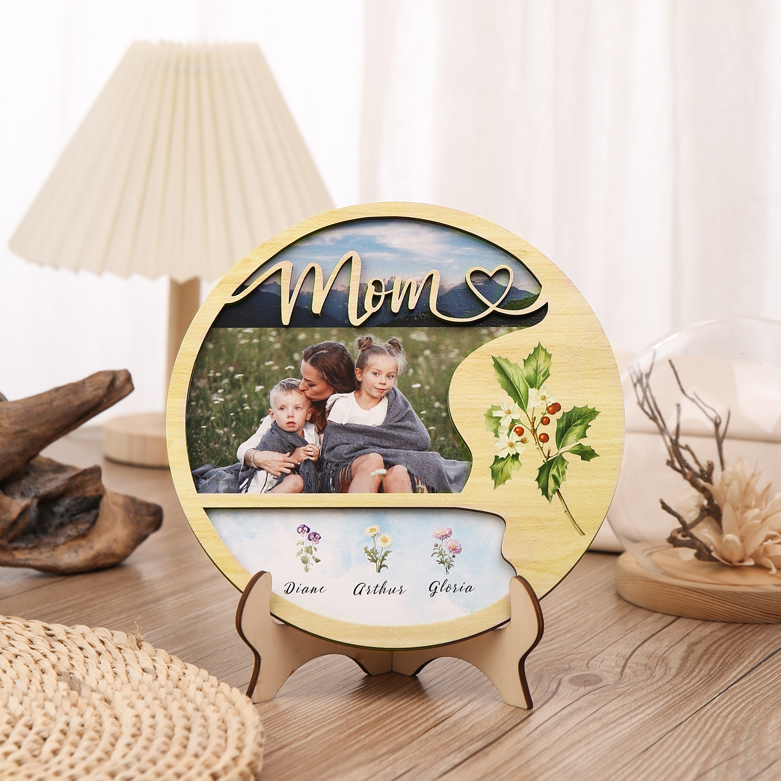 3 Names - Customized Photo Birth Flower Wooden Ornament Decoration for Mom