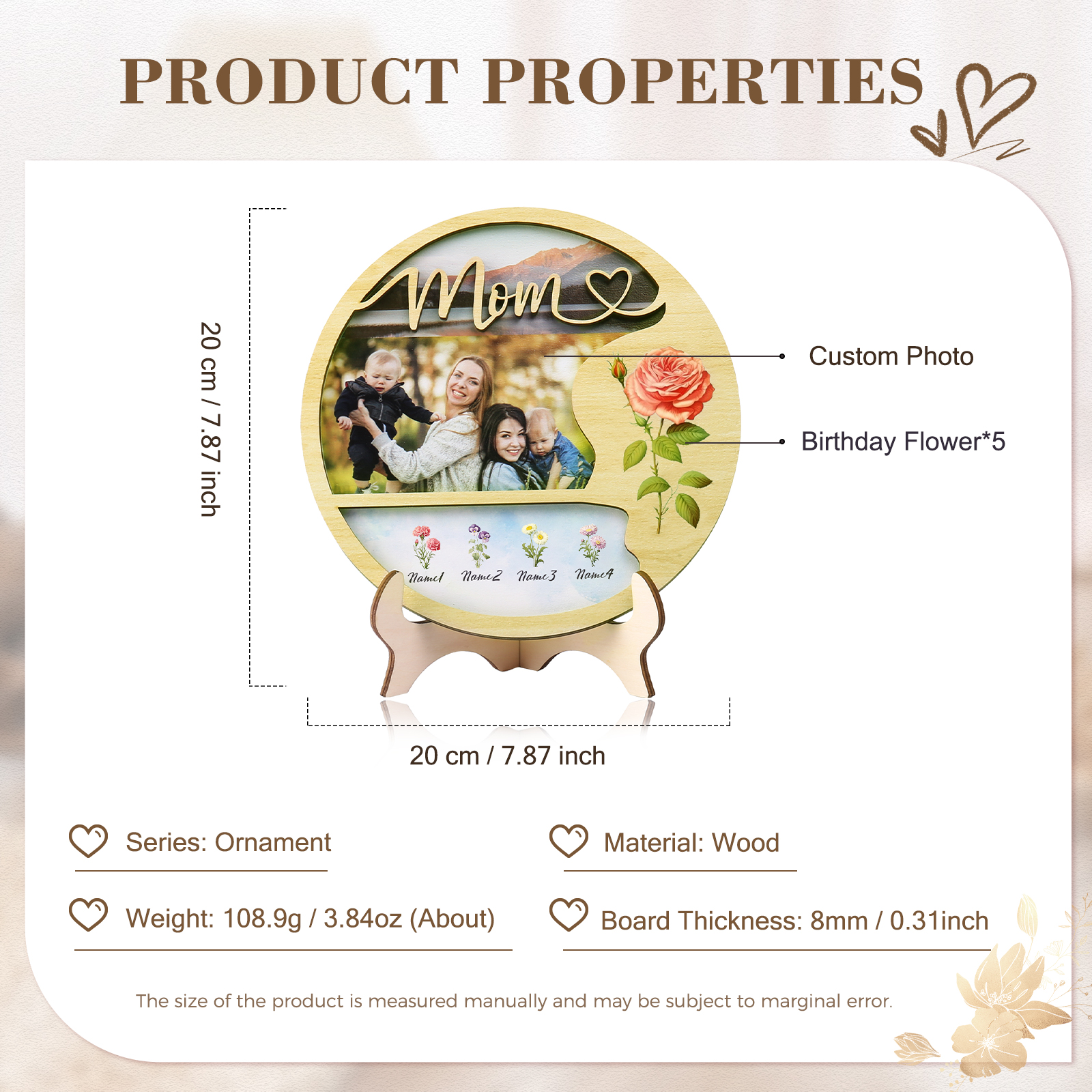 4 Names - Customized Photo Birth Flower Wooden Ornament Decoration for Mom