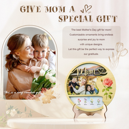 4 Names - Customized Photo Birth Flower Wooden Ornament Decoration for Mom