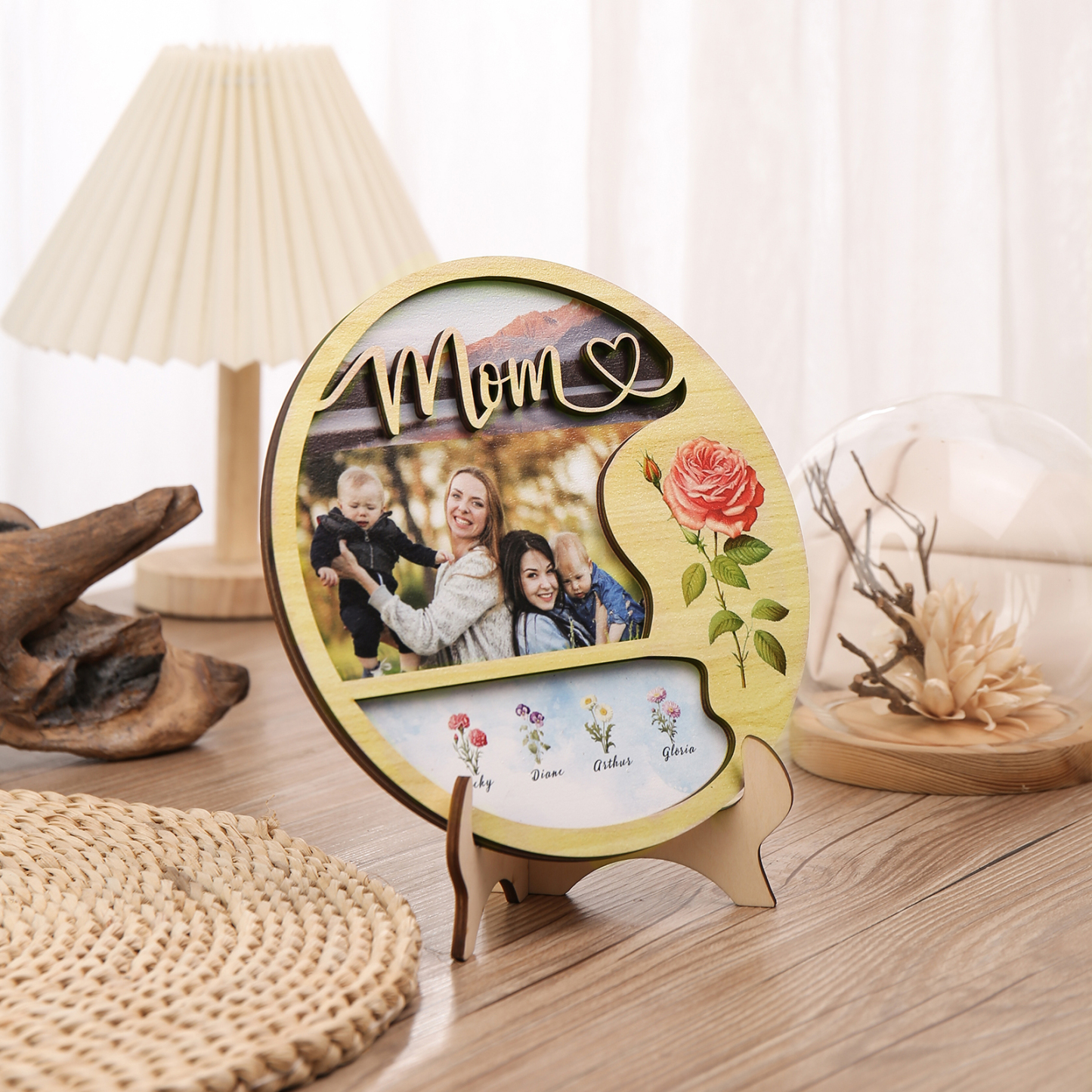 4 Names - Customized Photo Birth Flower Wooden Ornament Decoration for Mom