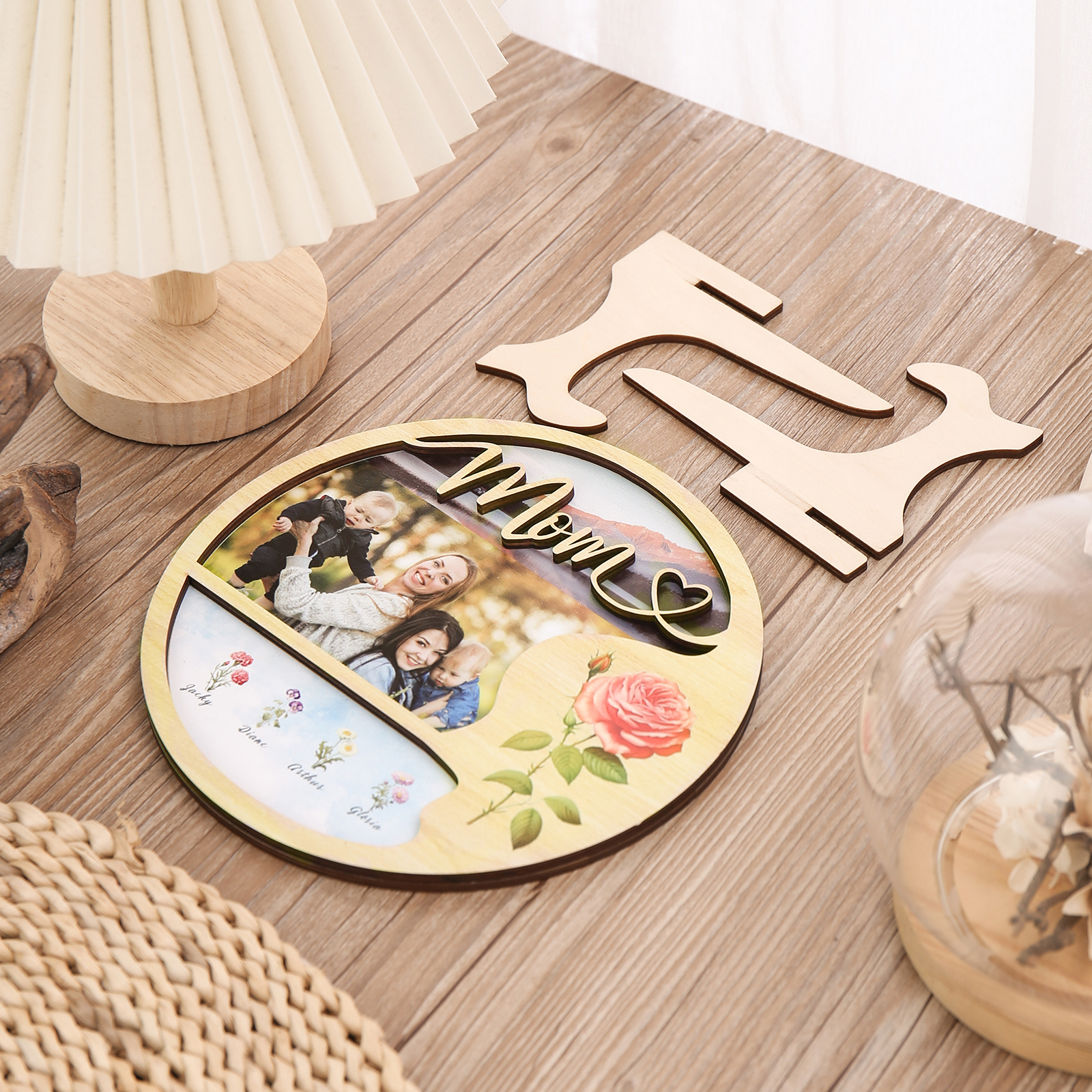 4 Names - Customized Photo Birth Flower Wooden Ornament Decoration for Mom