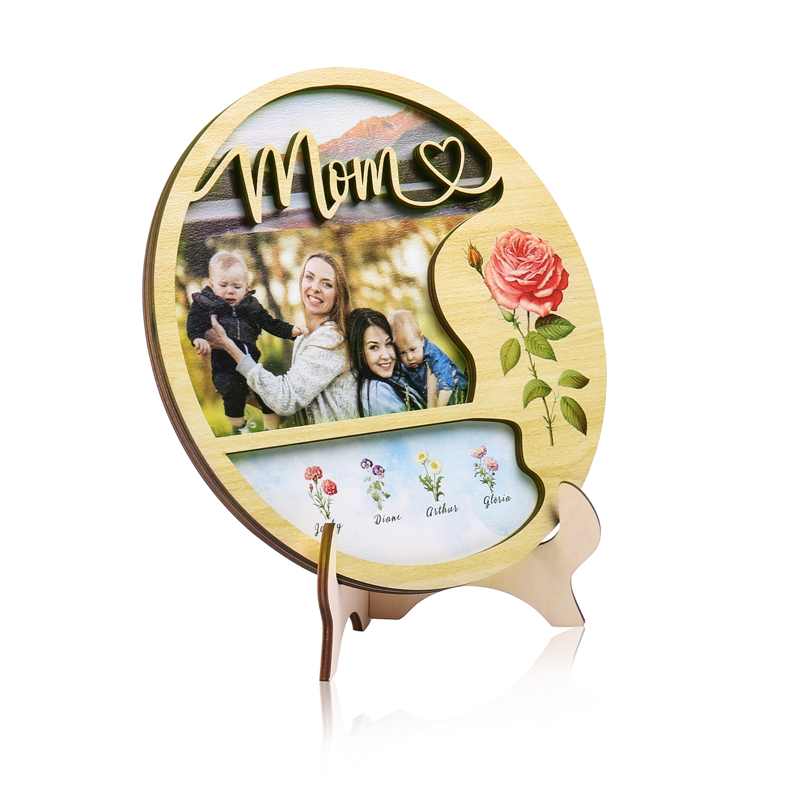 4 Names - Customized Photo Birth Flower Wooden Ornament Decoration for Mom