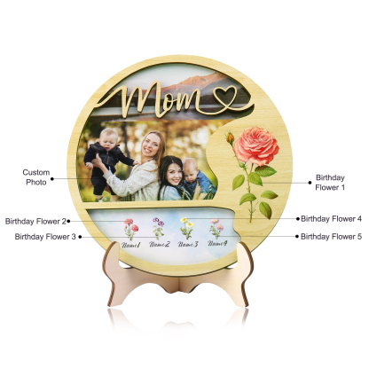 4 Names - Customized Photo Birth Flower Wooden Ornament Decoration for Mom