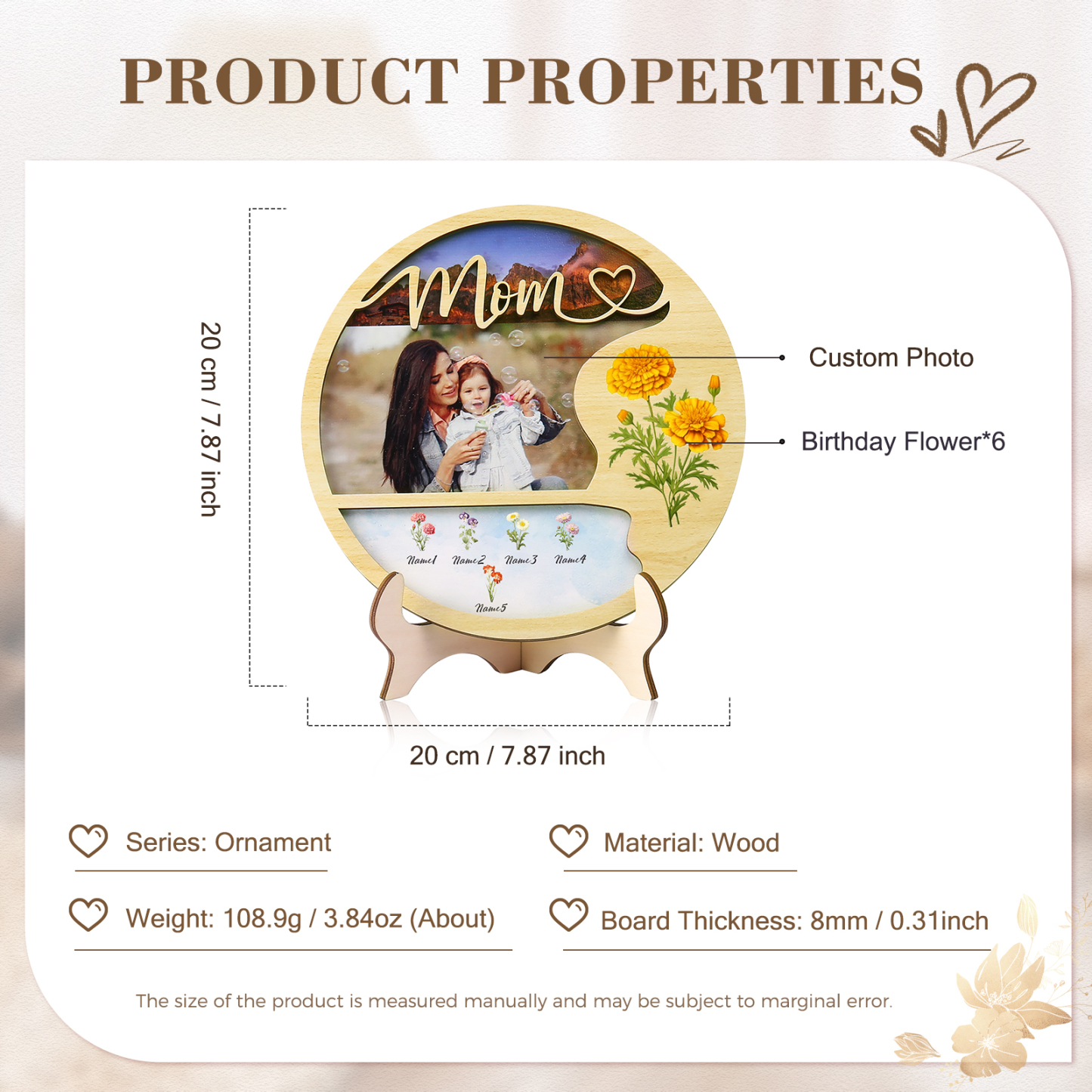 5 Names - Customized Photo Birth Flower Wooden Ornament Decoration for Mom