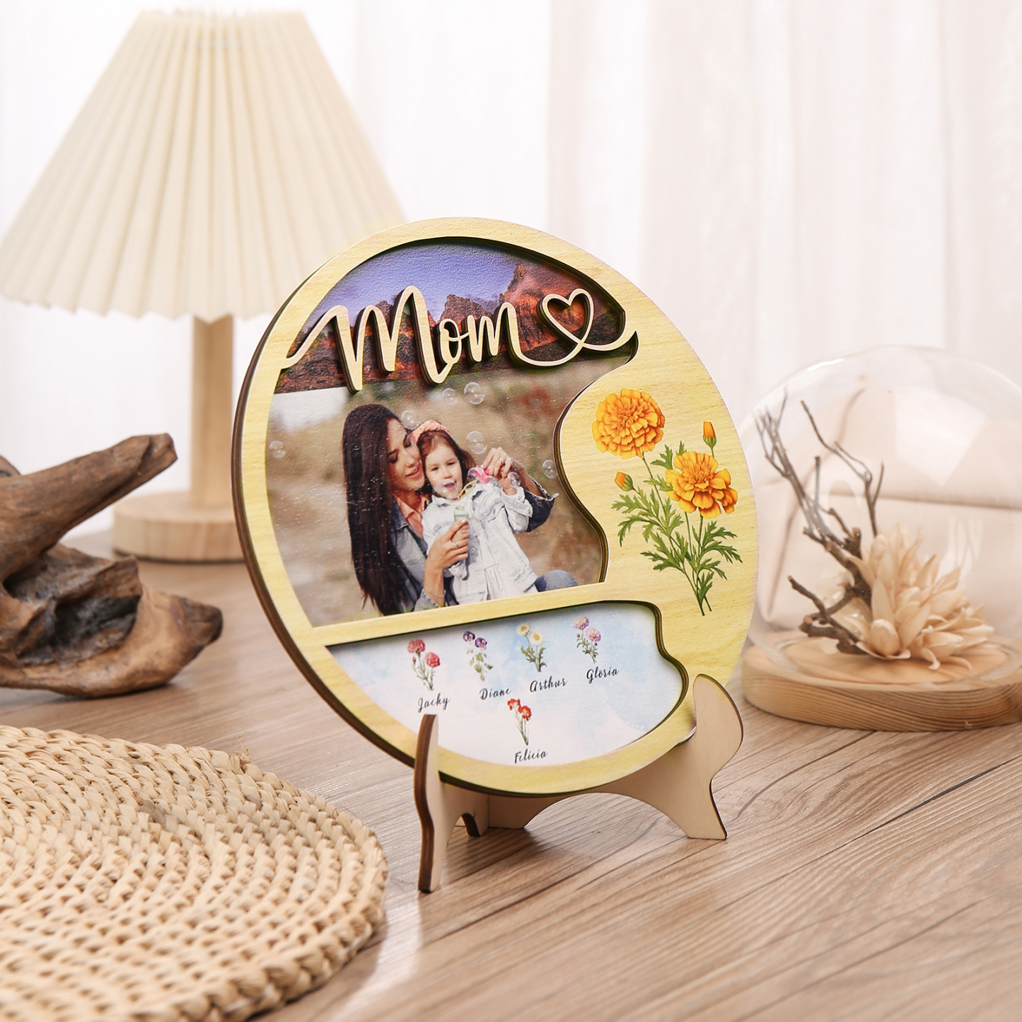5 Names - Customized Photo Birth Flower Wooden Ornament Decoration for Mom