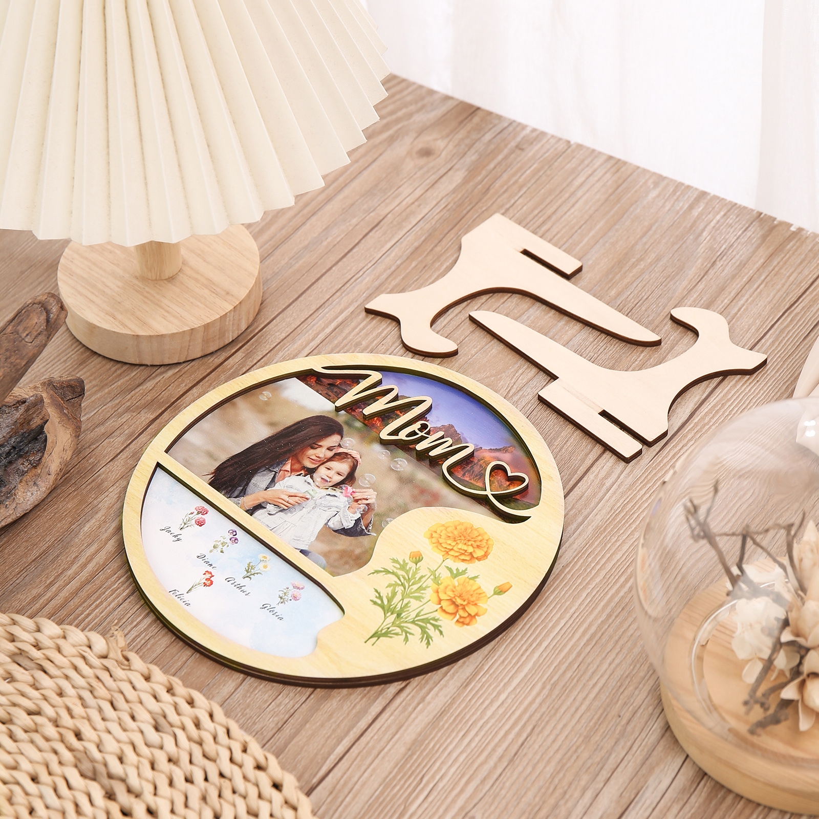 5 Names - Customized Photo Birth Flower Wooden Ornament Decoration for Mom