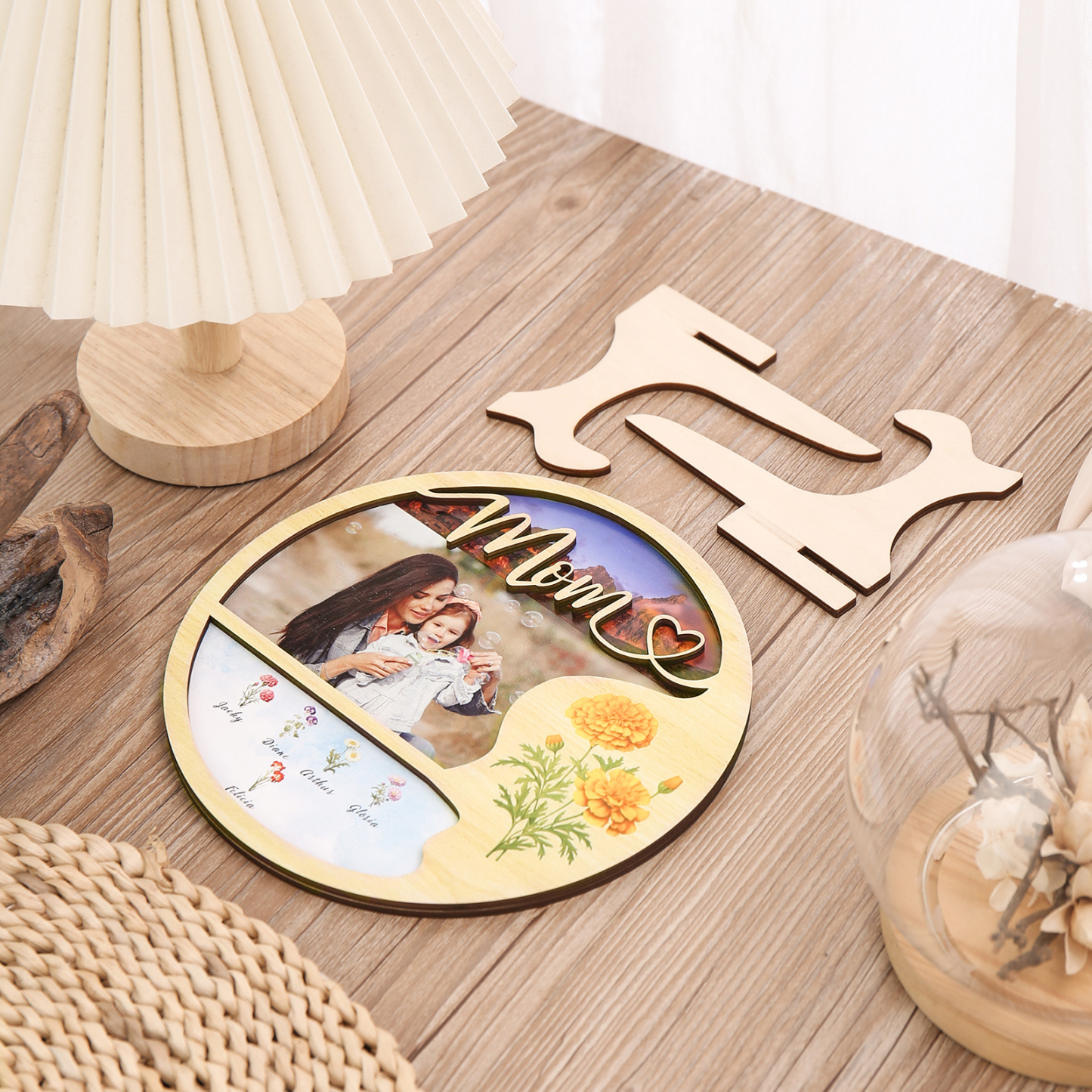 5 Names - Customized Photo Birth Flower Wooden Ornament Decoration for Mom