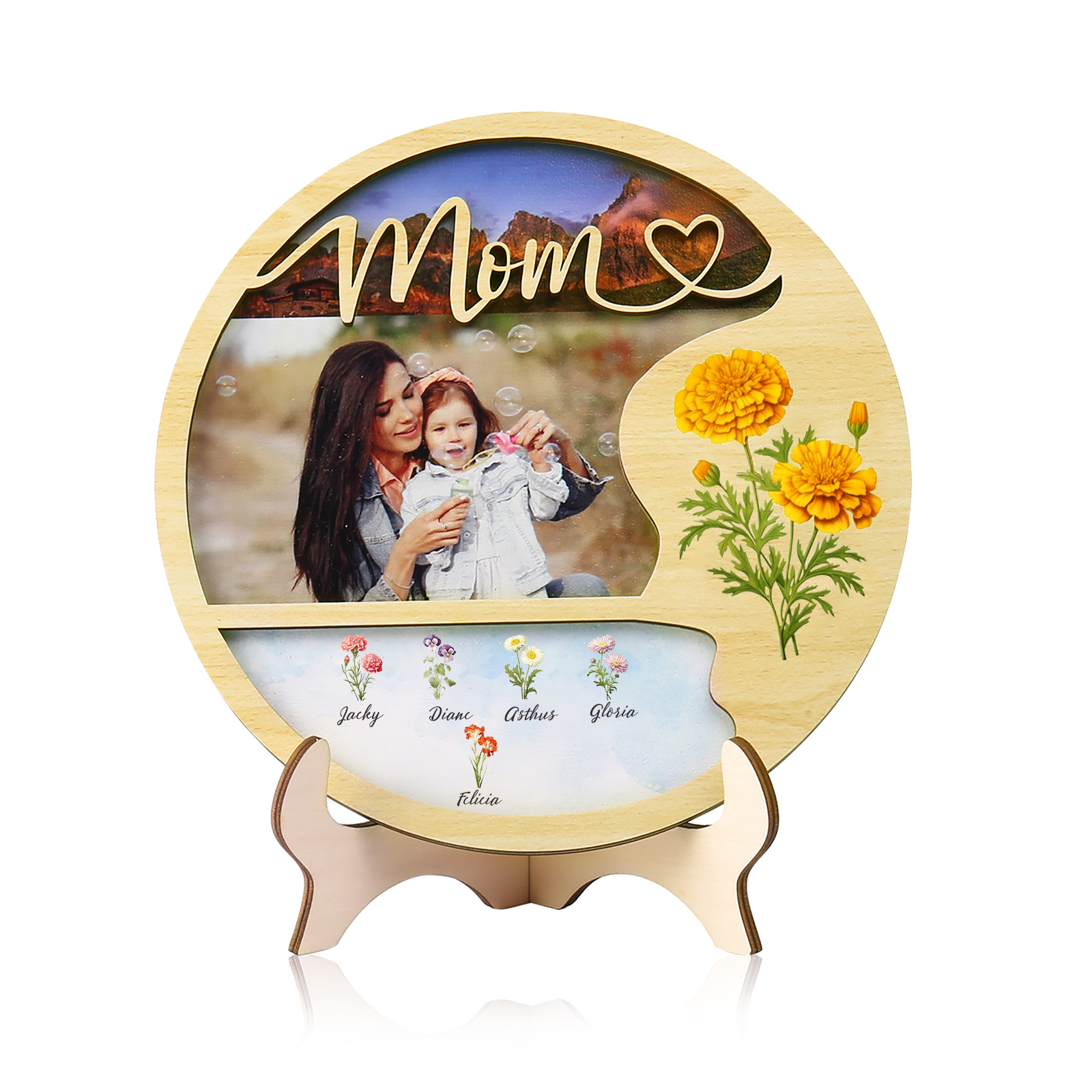 5 Names - Customized Photo Birth Flower Wooden Ornament Decoration for Mom