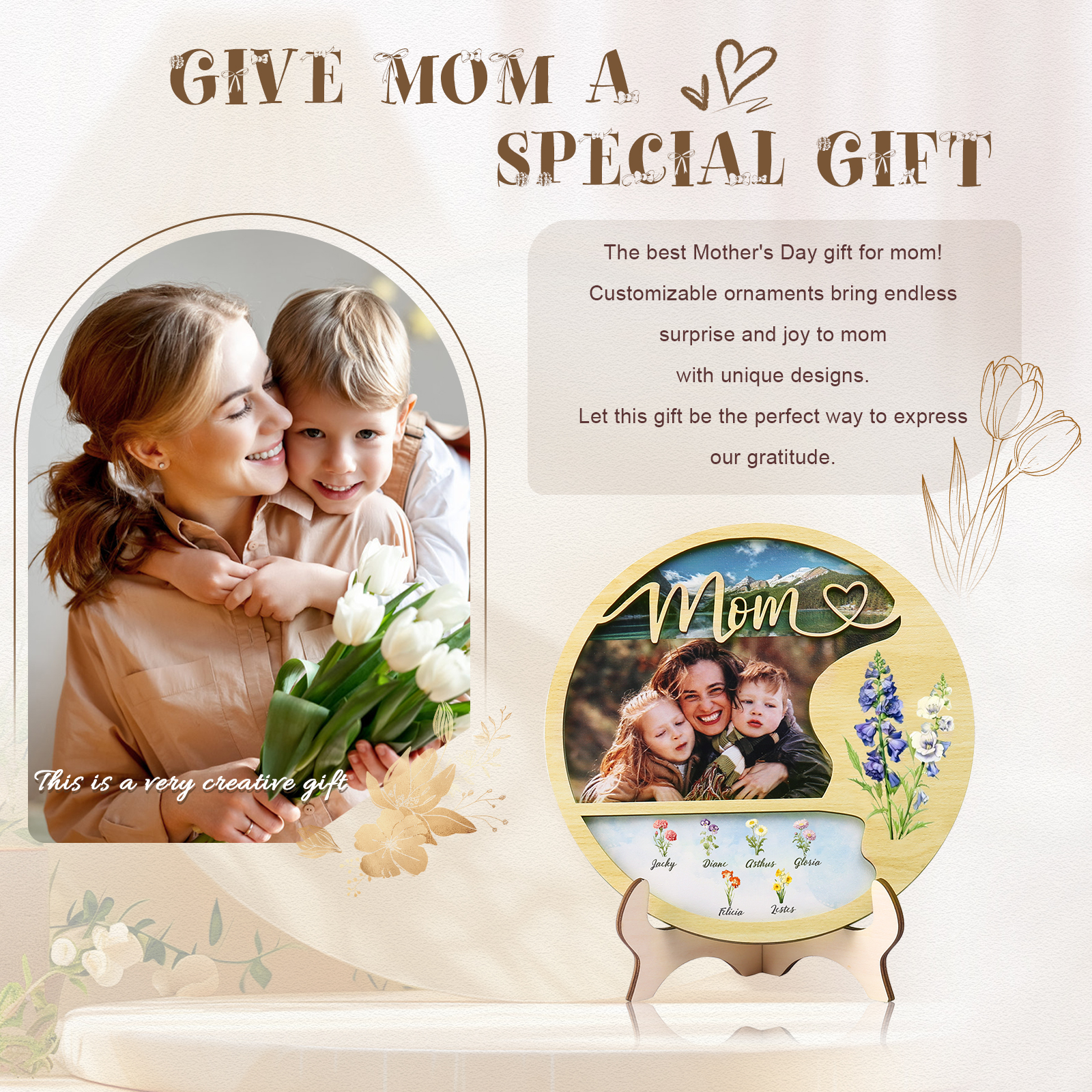 6 Names - Customized Photo Birth Flower Wooden Ornament Decoration for Mom