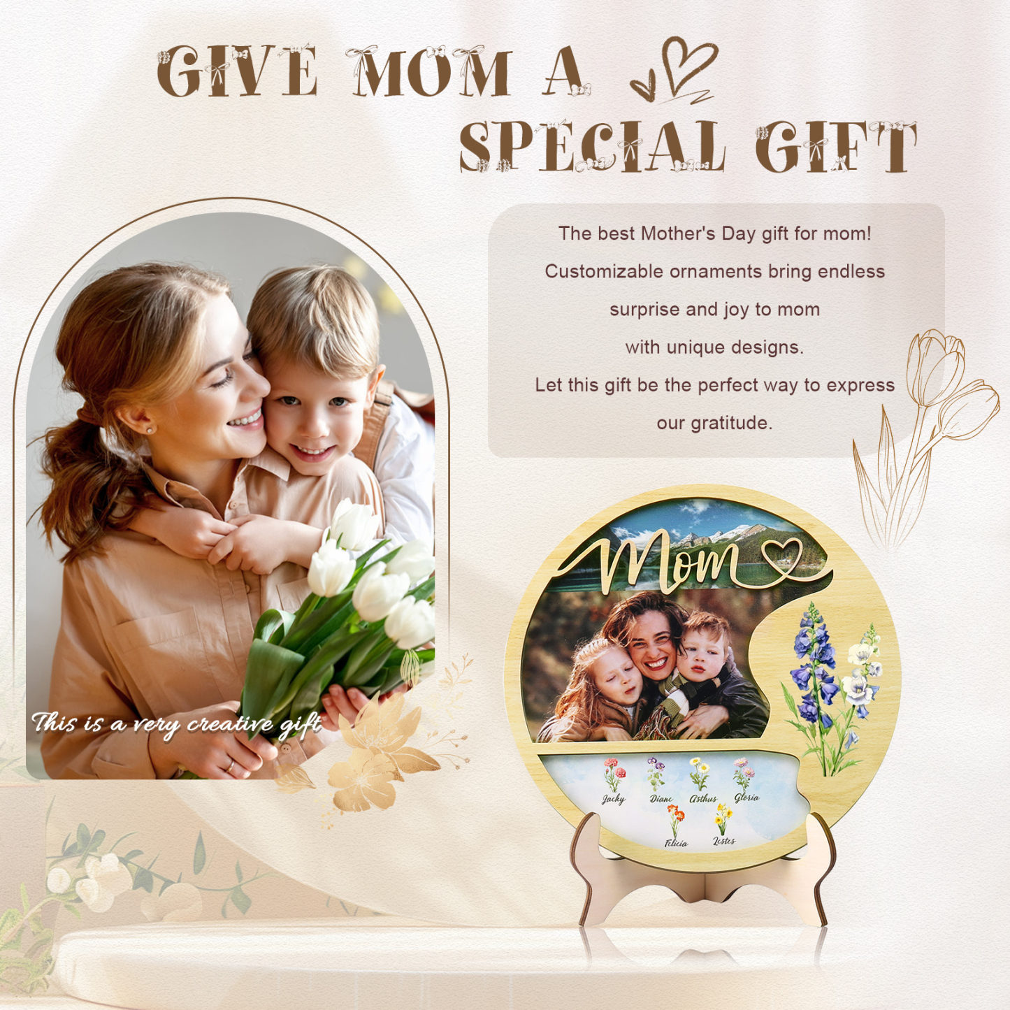 6 Names - Customized Photo Birth Flower Wooden Ornament Decoration for Mom