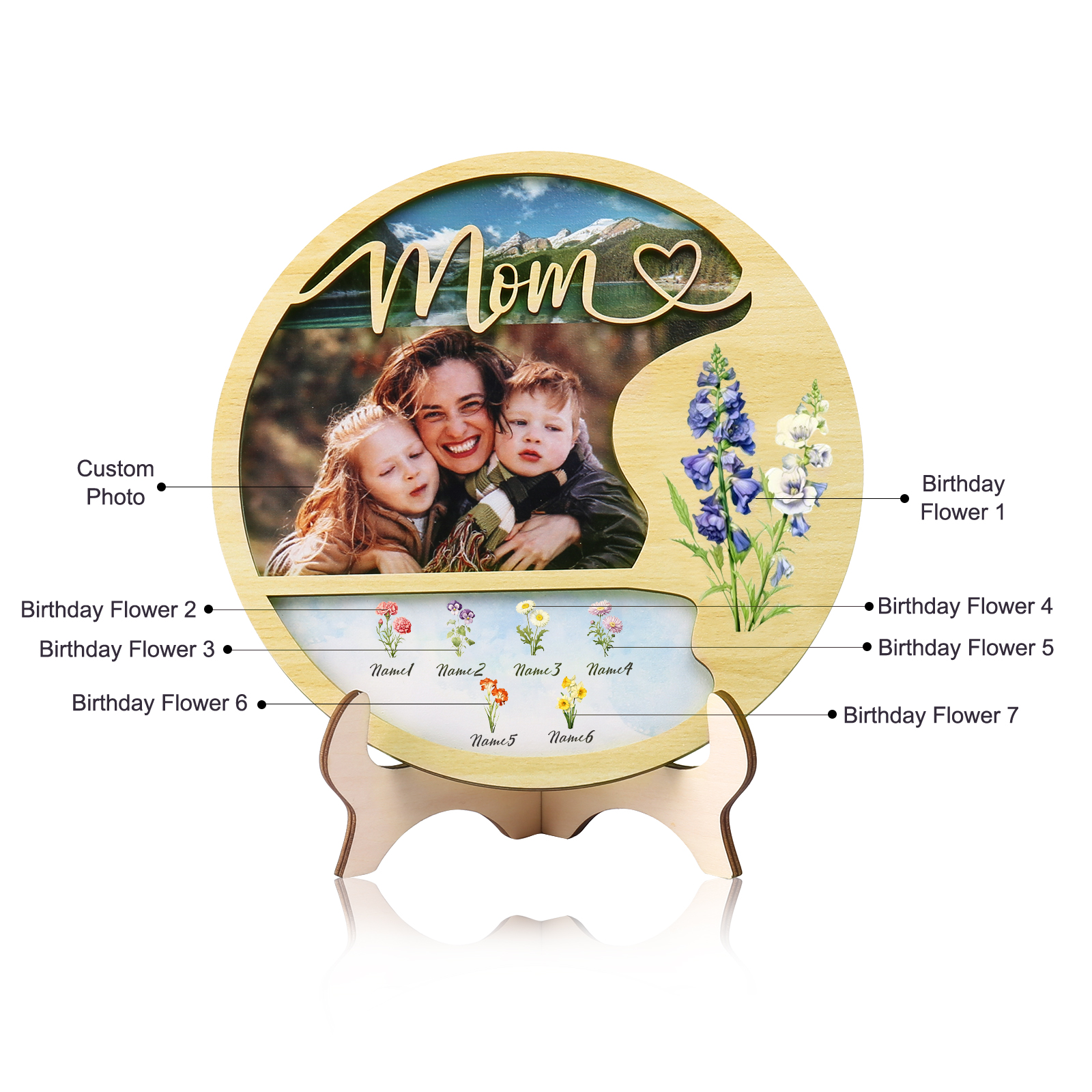 6 Names - Customized Photo Birth Flower Wooden Ornament Decoration for Mom