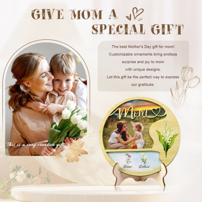 2 Names - Customized Photo Birthday Flowers and Text Wooden Ornaments for Mom/Grandma