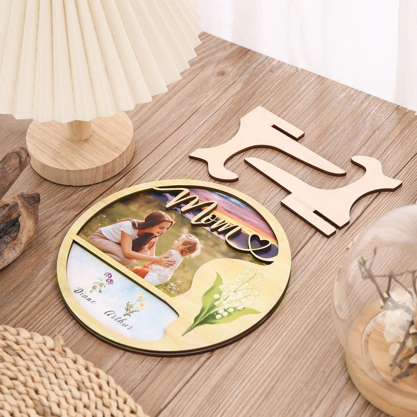 2 Names - Customized Photo Birthday Flowers and Text Wooden Ornaments for Mom/Grandma