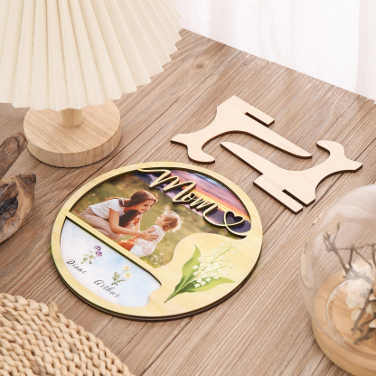 2 Names - Customized Photo Birthday Flowers and Text Wooden Ornaments for Mom/Grandma