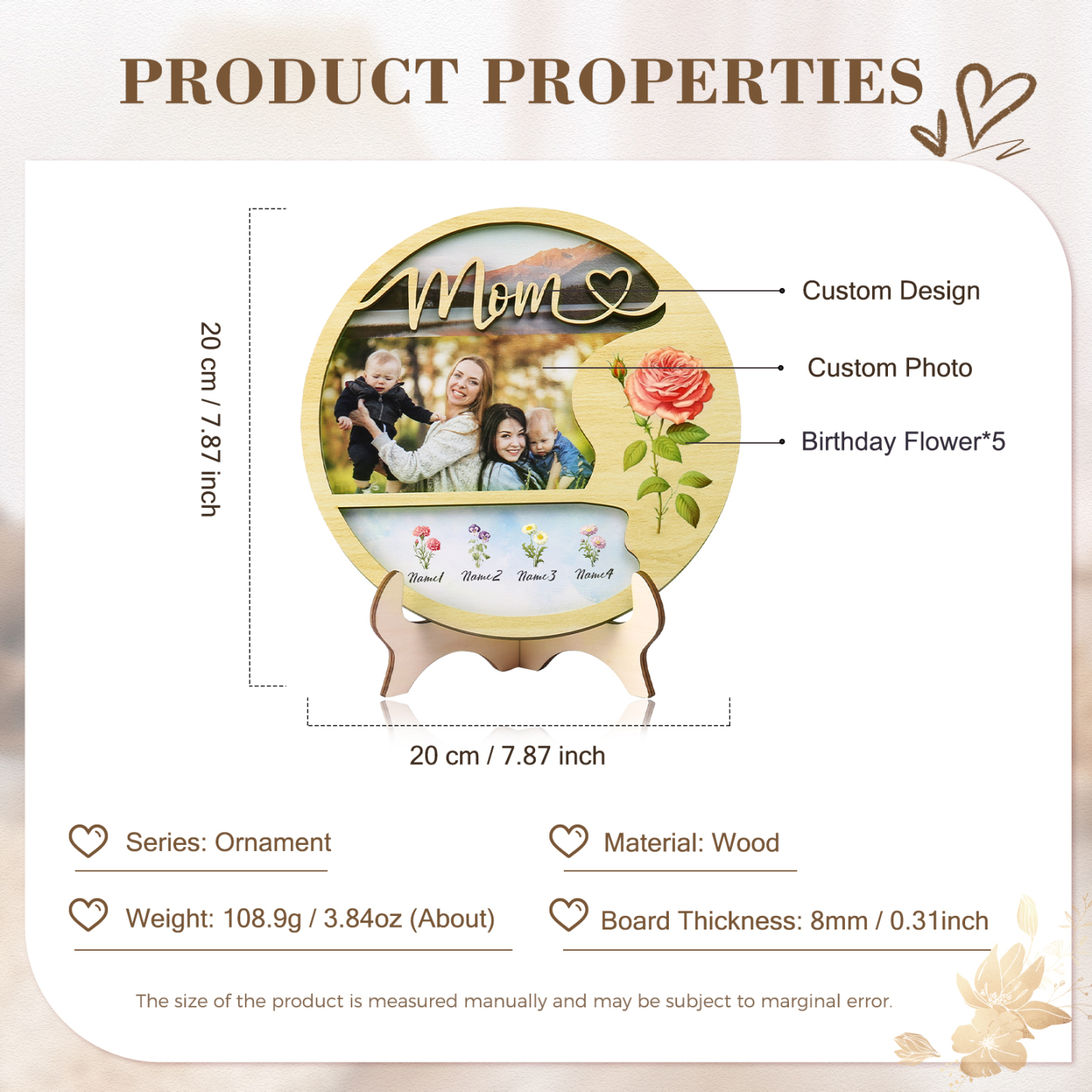 4 Names - Customized Photo Birthday Flowers and Text Wooden Ornaments for Mom/Grandma