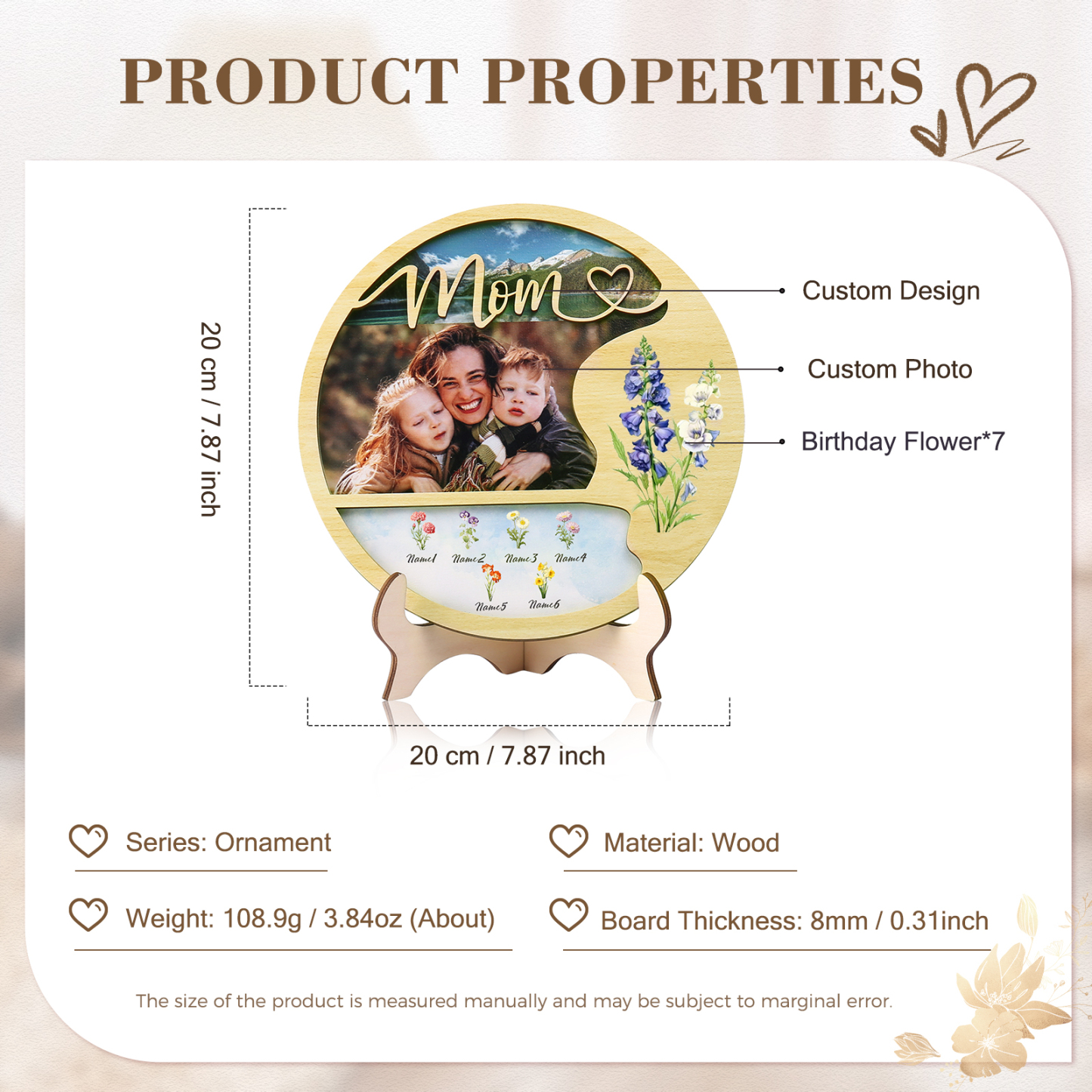 6 Names - Customized Photo Birthday Flowers and Text Wooden Ornaments for Mom/Grandma