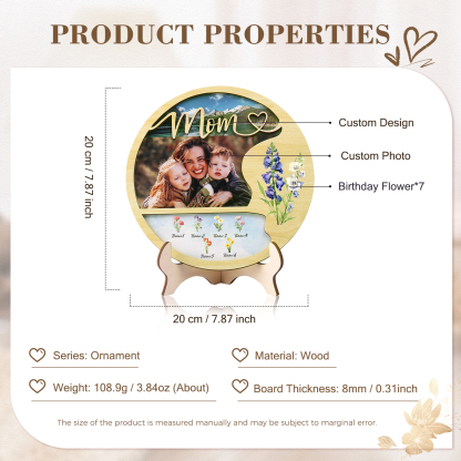 6 Names - Customized Photo Birthday Flowers and Text Wooden Ornaments for Mom/Grandma