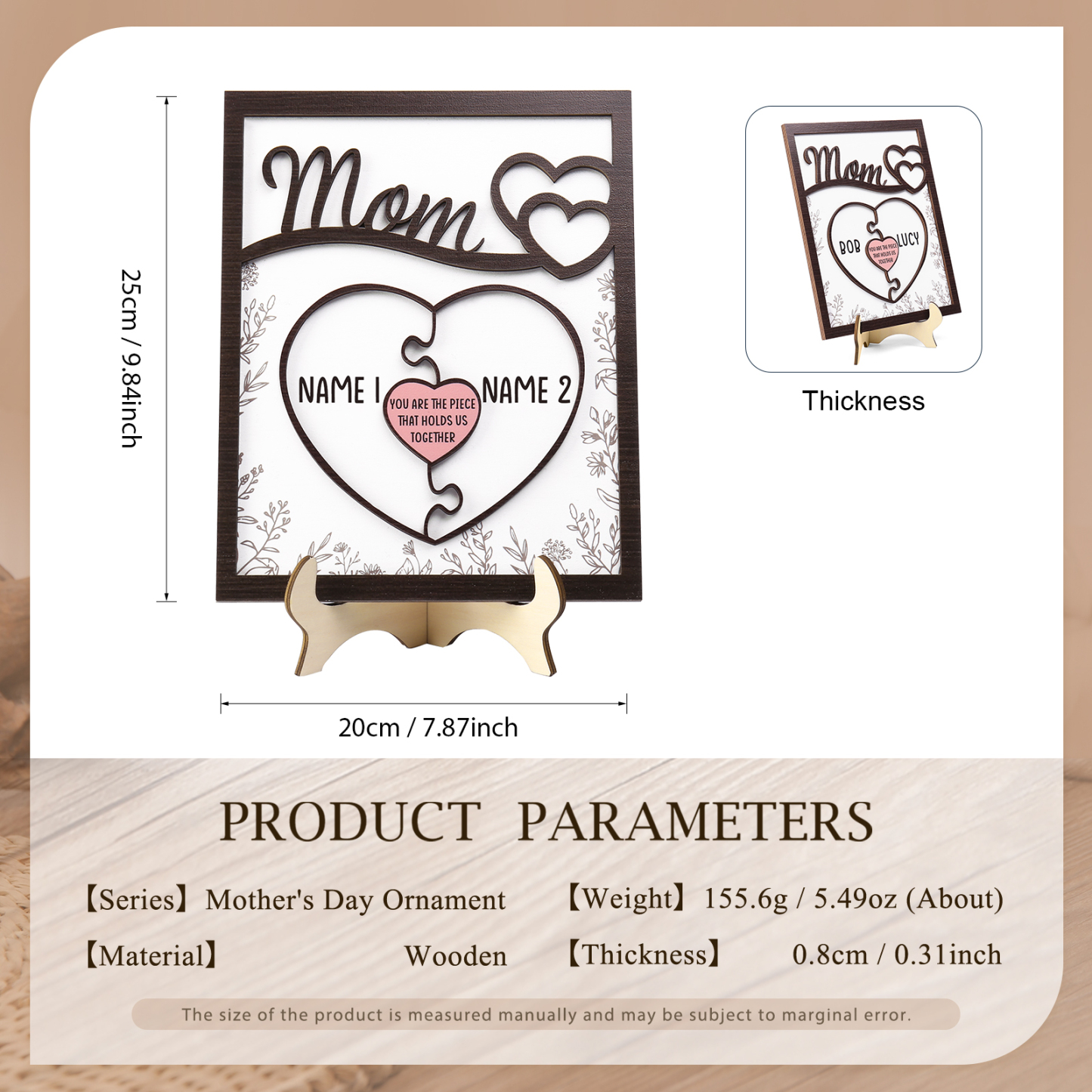 2 Names - Personalized Home Frame Wooden Ornaments Cute Bear Style Ornaments for Mom