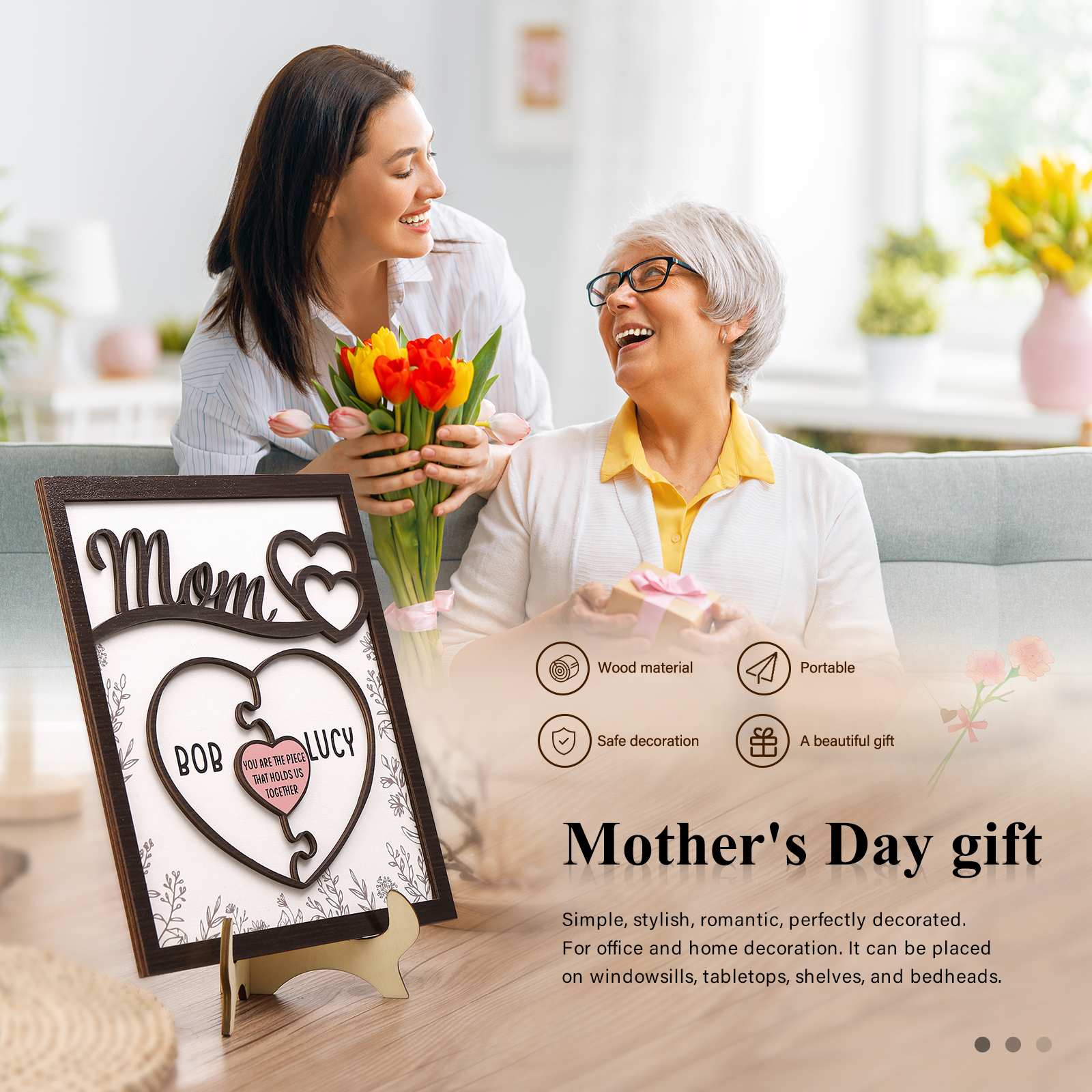 2 Names - Personalized Home Frame Wooden Decoration Customizable with Two Texts, Love Pieces Wooden Board Painting for Mom