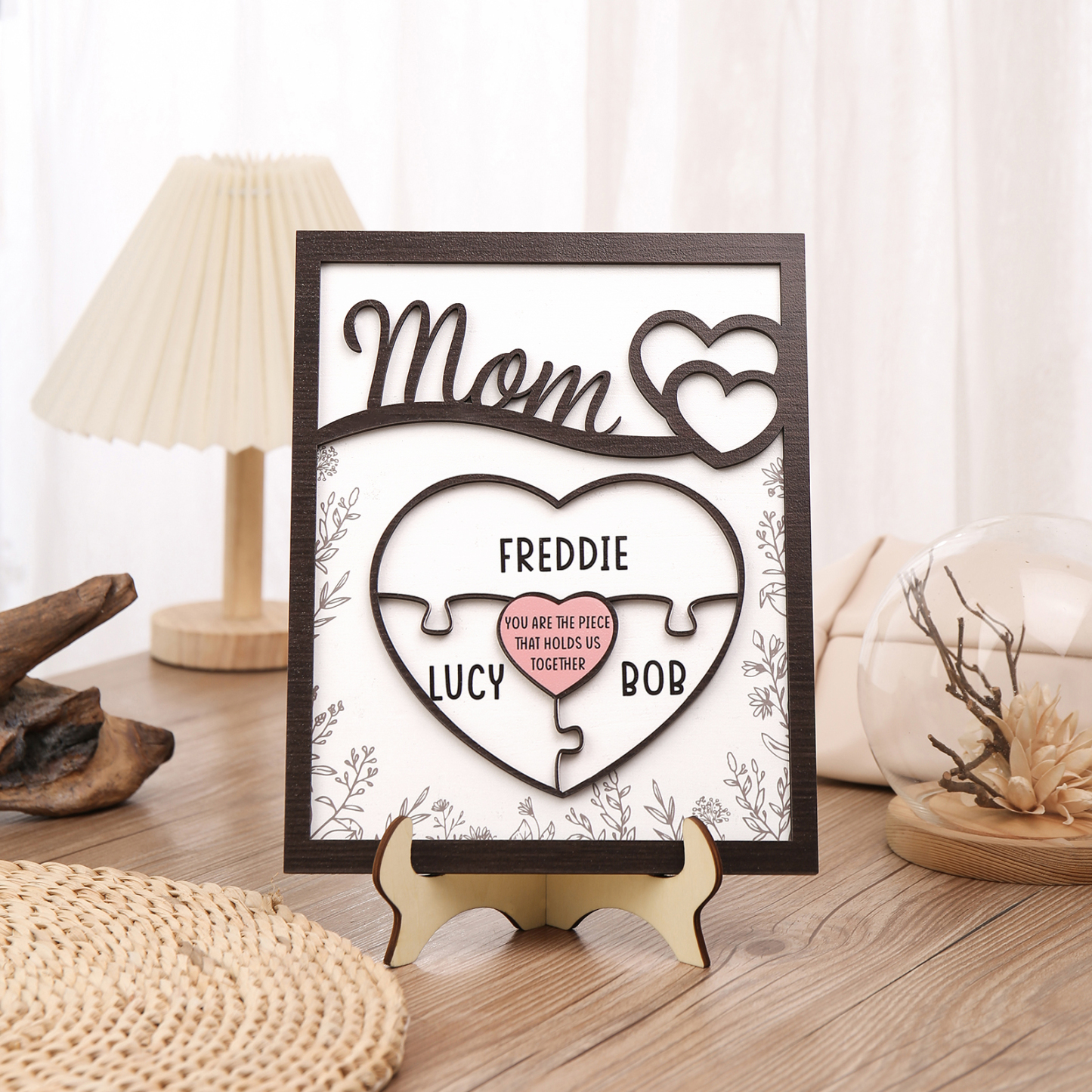 3 Names - Personalized Home Frame Wooden Decoration Customizable with 2 Texts, Love Pieces Wooden Board Painting for Mom