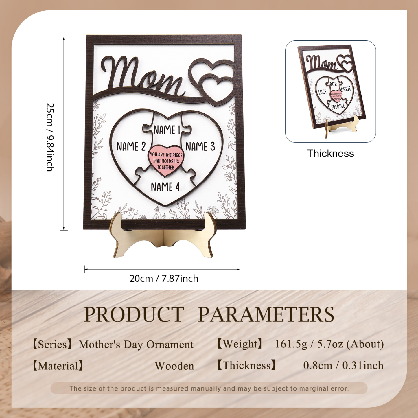 4 Names - Personalized Home Frame Wooden Ornaments Cute Bear Style Ornaments for Mom