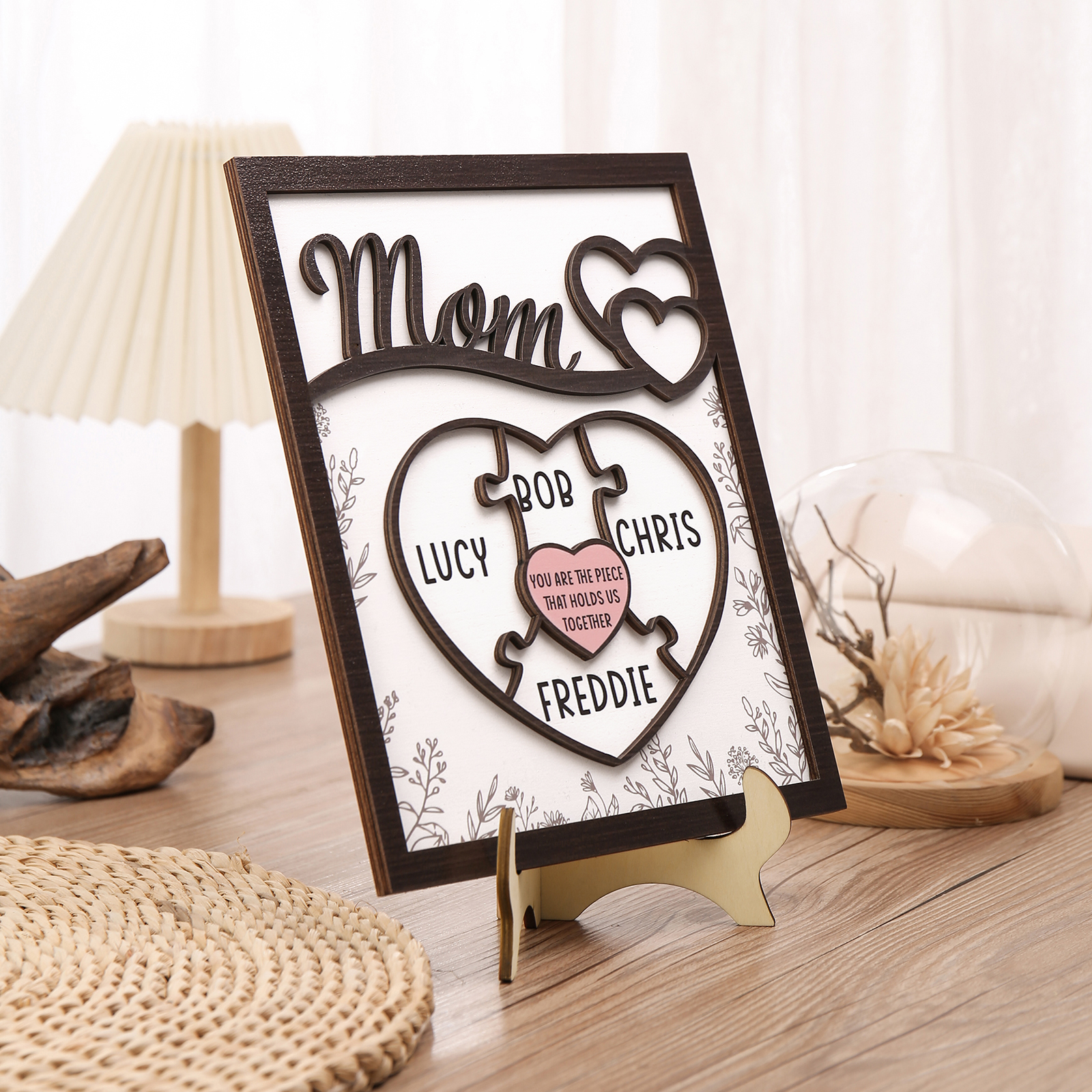 4 Names - Personalized Home Frame Wooden Decoration Customizable with 2 Texts, Love Pieces Wooden Board Painting for Mom