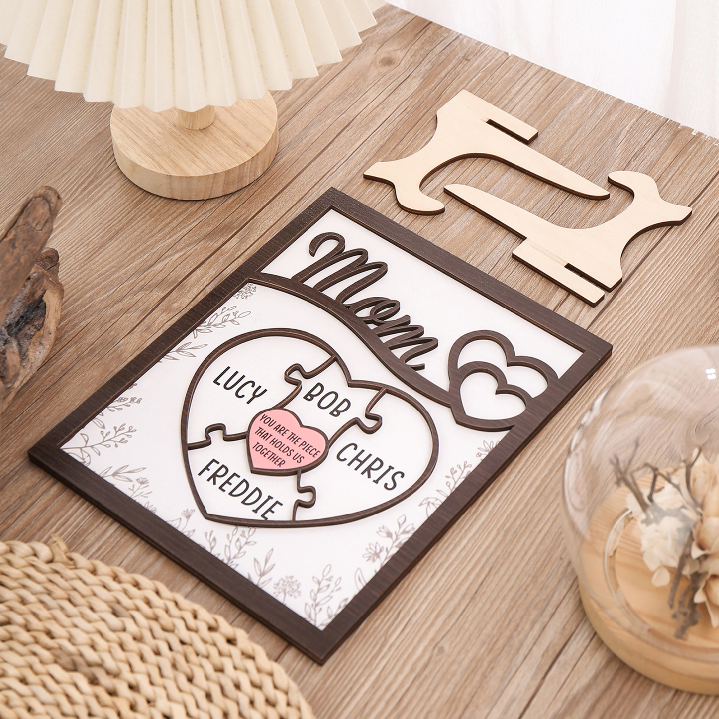 4 Names - Personalized Home Frame Wooden Decoration Customizable with 2 Texts, Love Pieces Wooden Board Painting for Mom