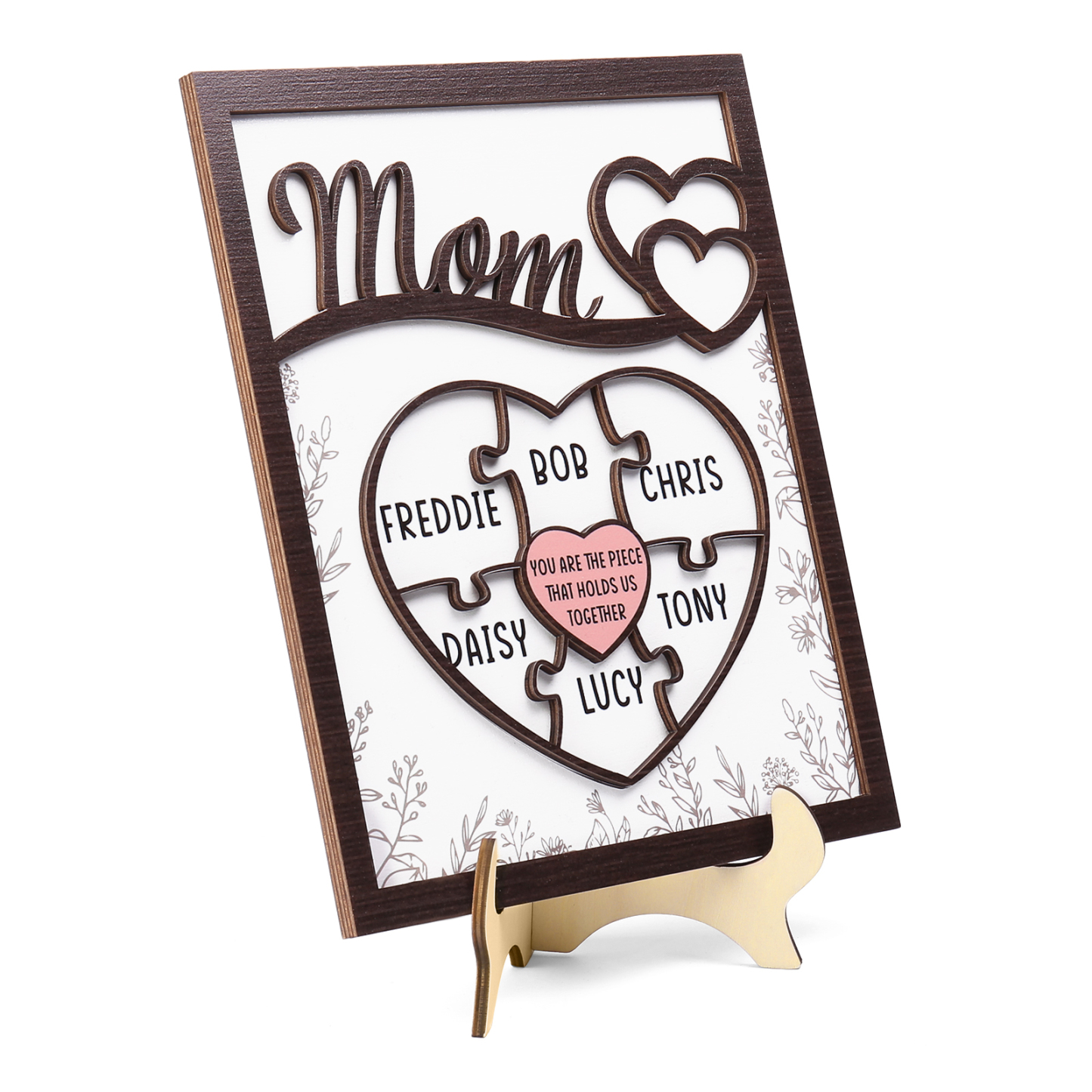 6 Names - Personalized Home Frame Wooden Decoration Customizable with 2 Texts, Love Pieces Wooden Board Painting for Mom