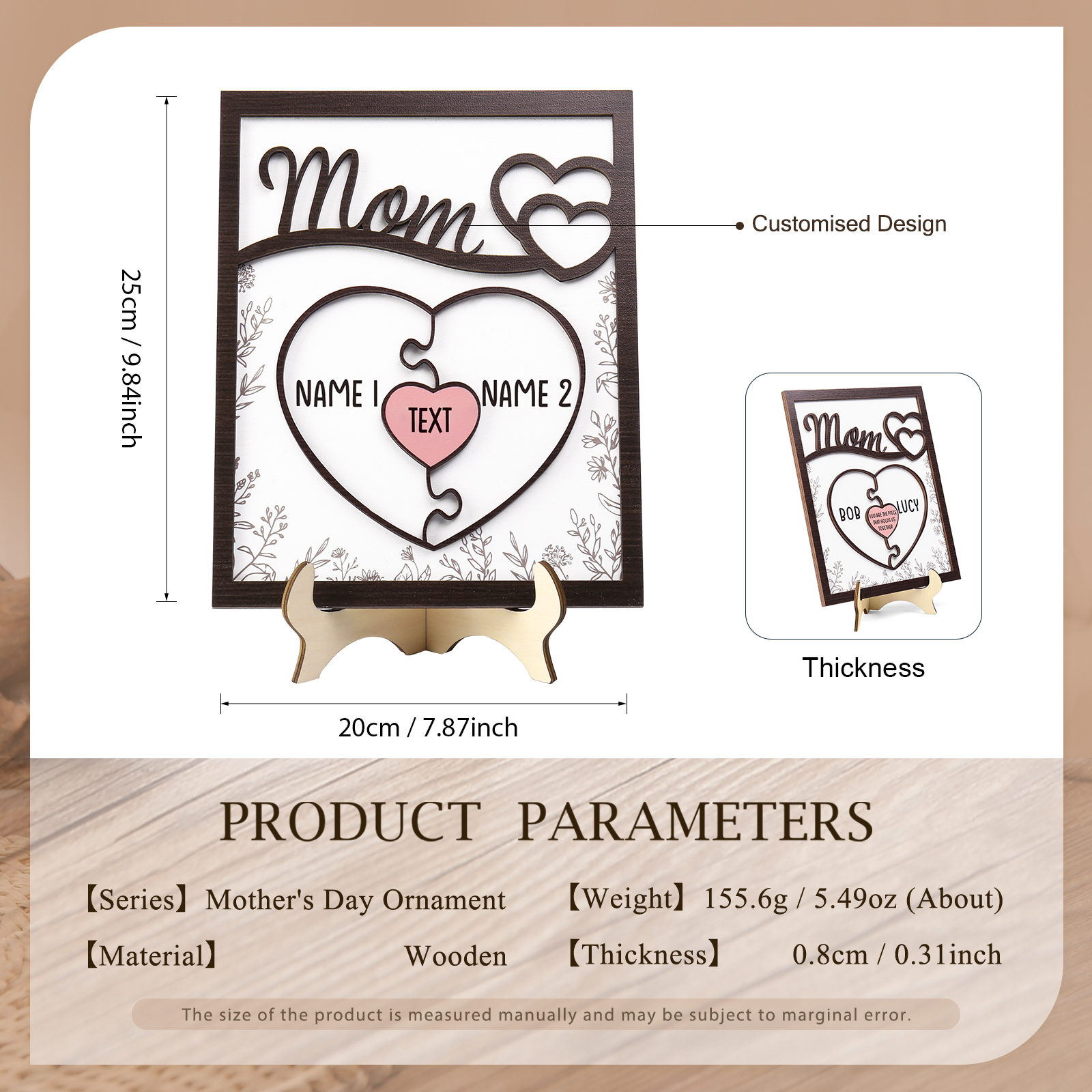 2 Names - Personalized Home Frame Wooden Decoration Customizable with Two Texts, Love Pieces Wooden Board Painting for Mom