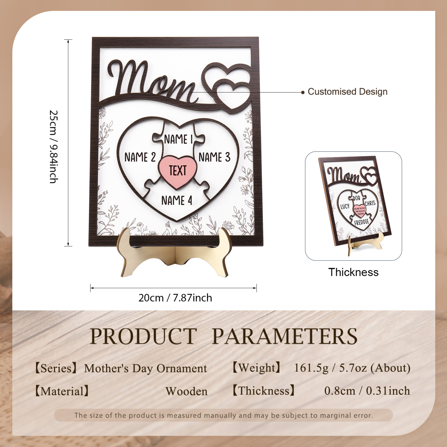 4 Names - Personalized Home Frame Wooden Decoration Customizable with 2 Texts, Love Pieces Wooden Board Painting for Mom